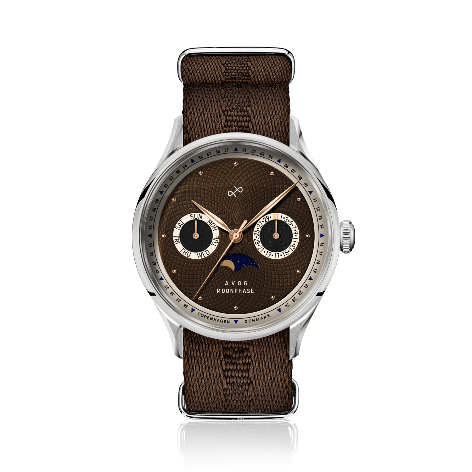 1968 Moonphase by AV86 luxury moonphase watch with sapphire crystal, vintage-inspired dial, and brown fabric strap