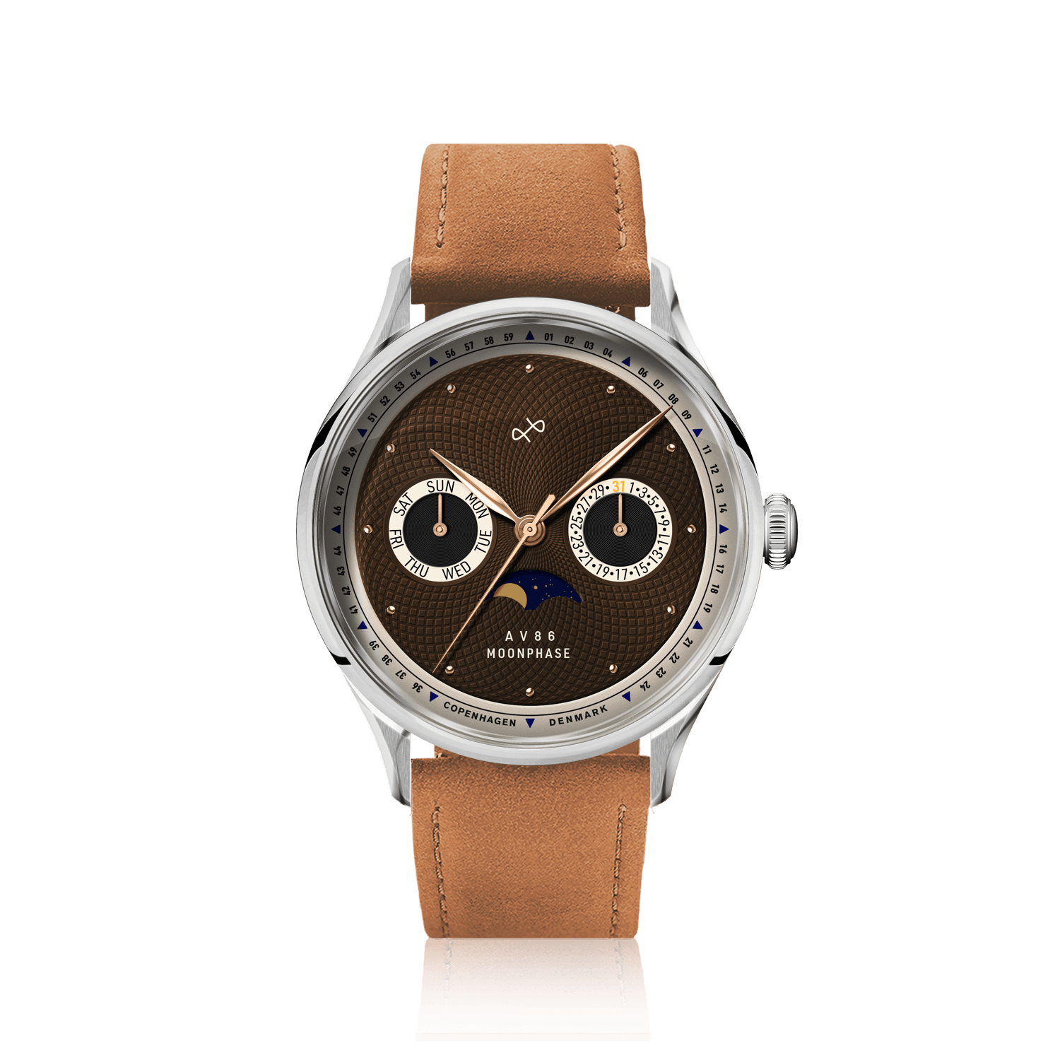 1968 Moonphase by AV86 with vintage-inspired moonphase dial, sapphire crystal, and brown leather strap in minimalist Scandinavian design