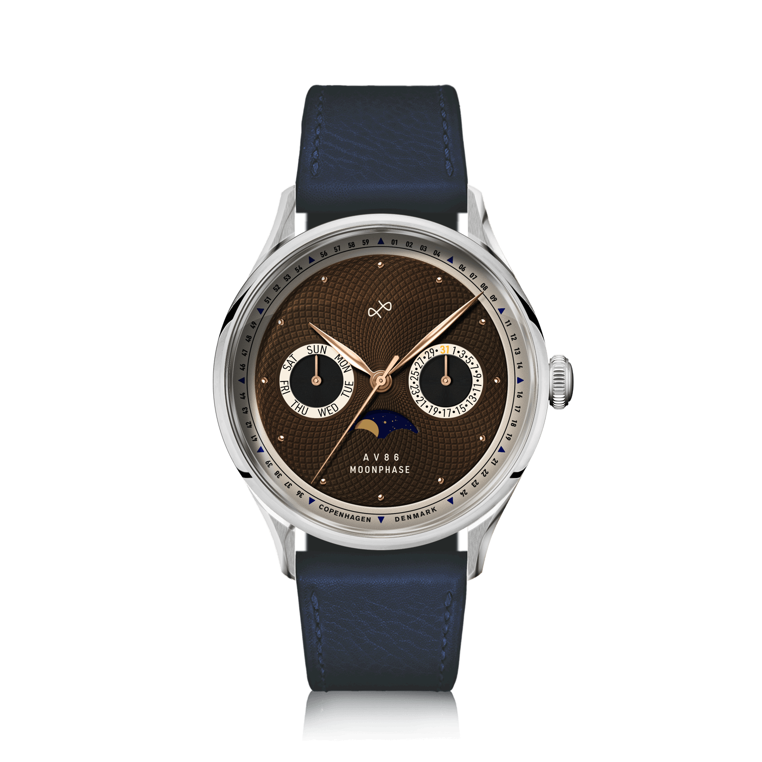 1968 Moonphase by AV86 vintage-inspired moonphase watch with sapphire crystal, calendar subdials, and textured leather strap