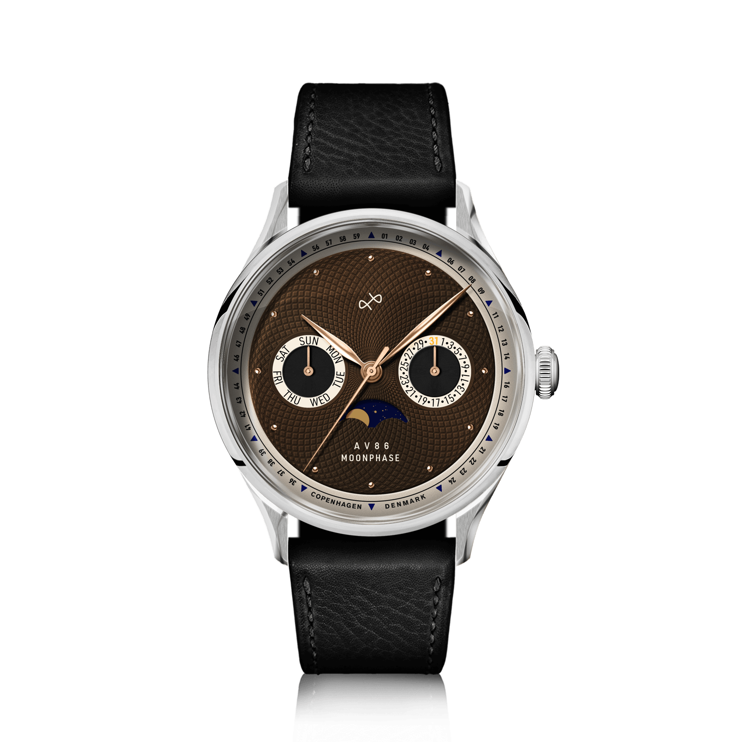 1968 Moonphase by AV86 vintage-inspired moonphase watch with sapphire crystal, moonphase dial, and black leather strap