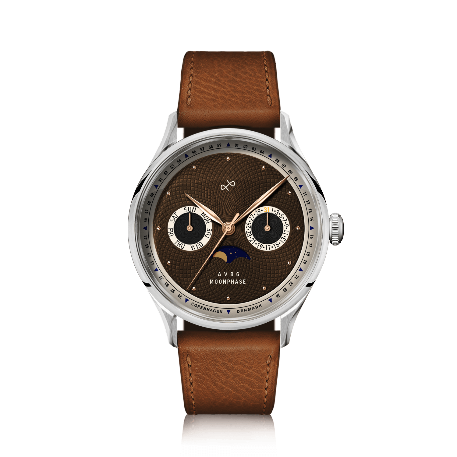 1968 Moonphase by AV86 luxury moonphase watch with sapphire crystal, textured dial, and brown leather strap in Danish design