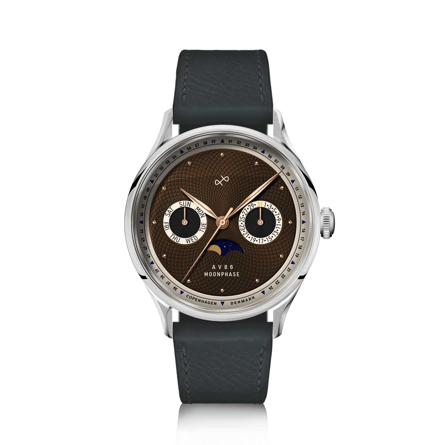 1968 Moonphase by AV86 luxury moonphase watch with sapphire crystal, vintage-inspired dial, and black leather strap