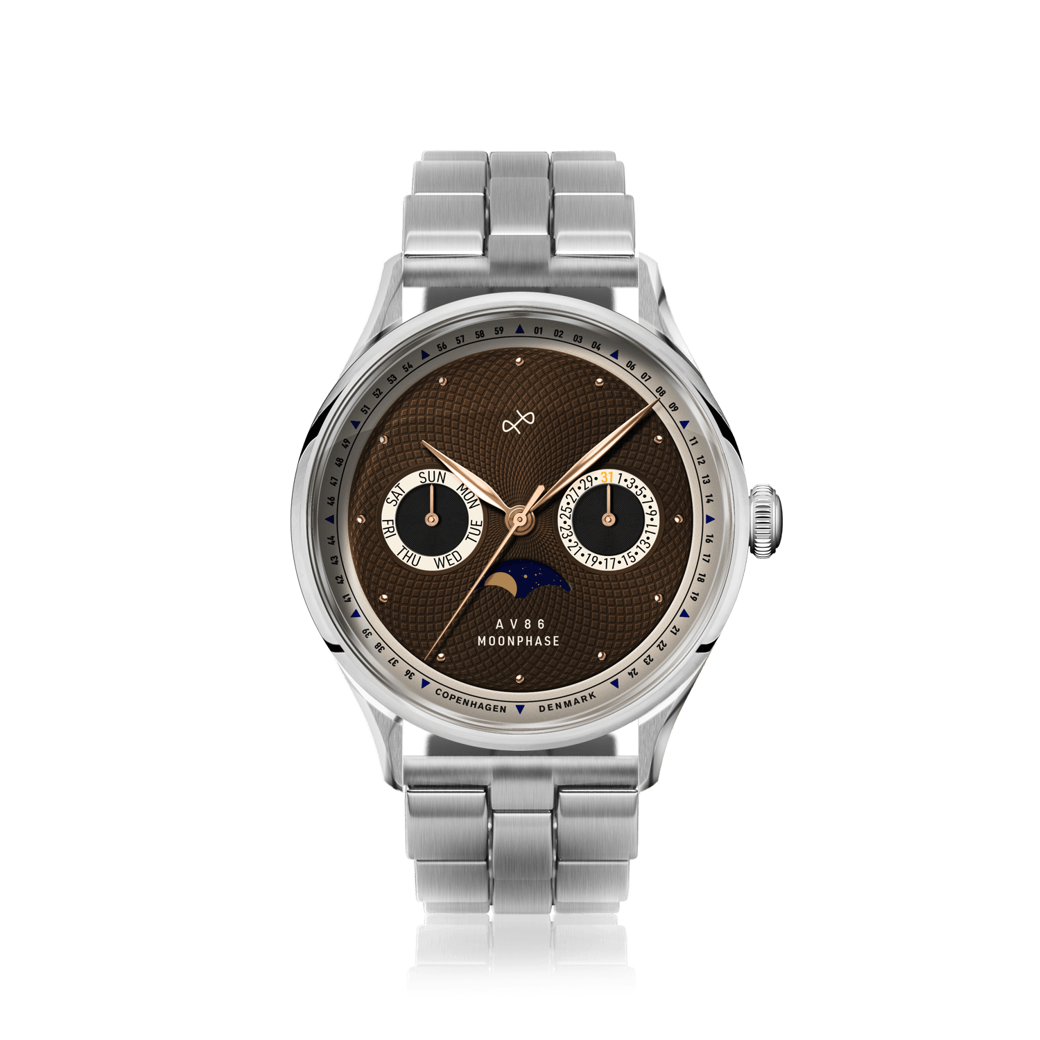 1968 Moonphase by AV86 vintage-inspired moonphase watch with sapphire crystal, textured dial, and stainless steel bracelet strap