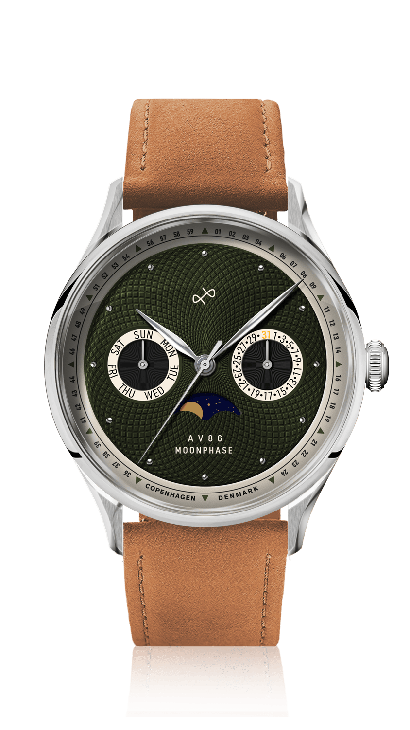 AV86 Moonphase watch with textured green dial, calendar subdials, polished metal case, and brown leather strap