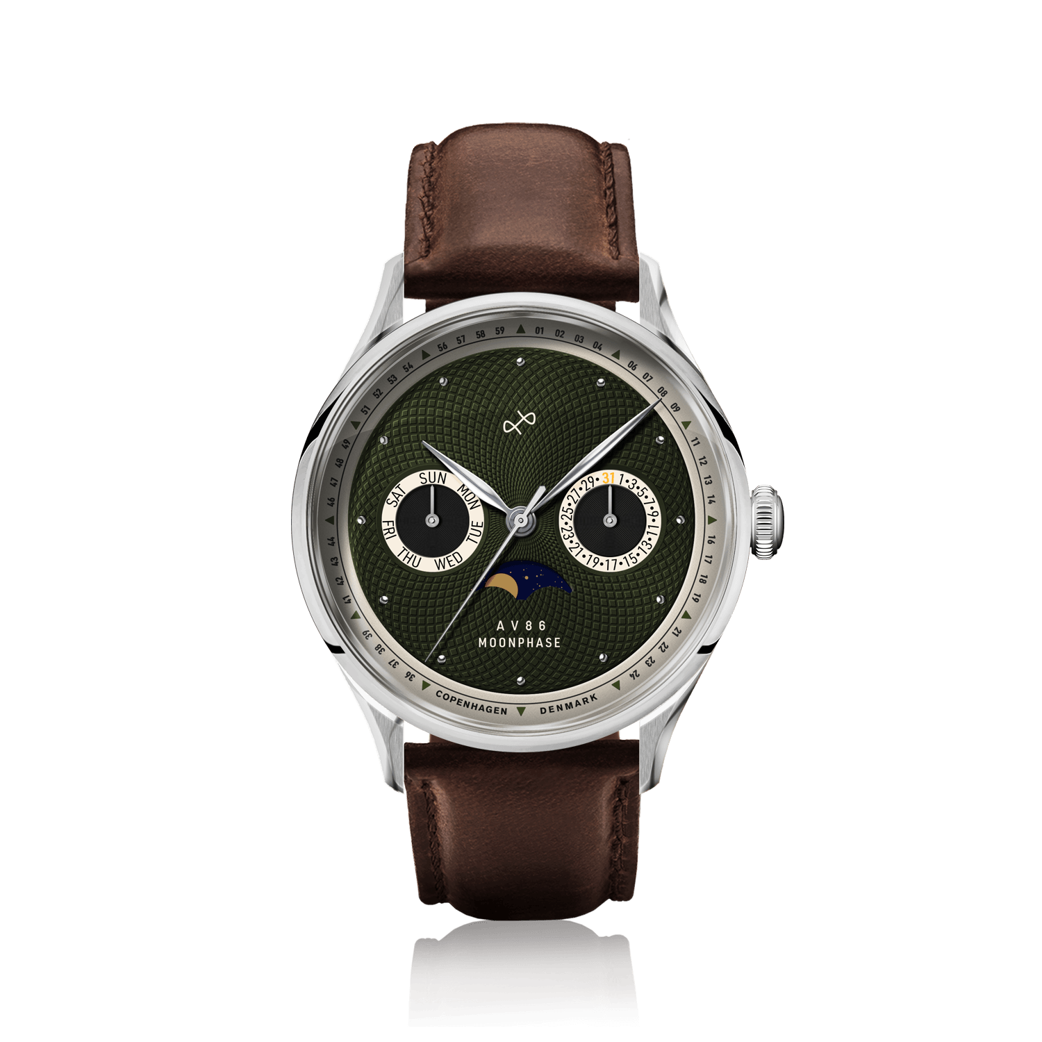 1968 Moonphase by AV86 vintage-inspired moonphase watch with sapphire crystal, textured dial, and brown leather strap