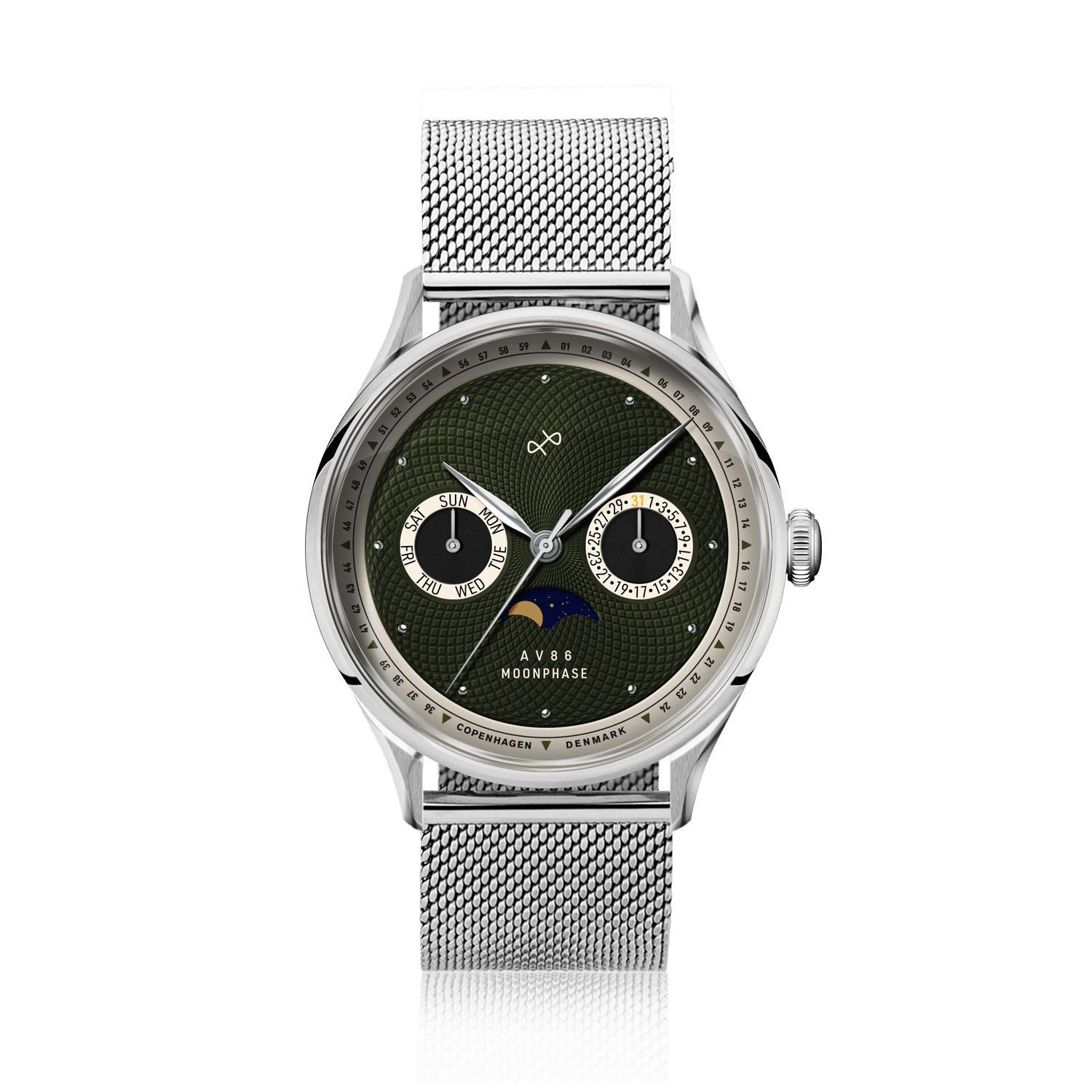 1968 Moonphase by AV86 luxury moonphase watch with sapphire crystal, vintage-inspired dial, and stainless steel mesh bracelet strap