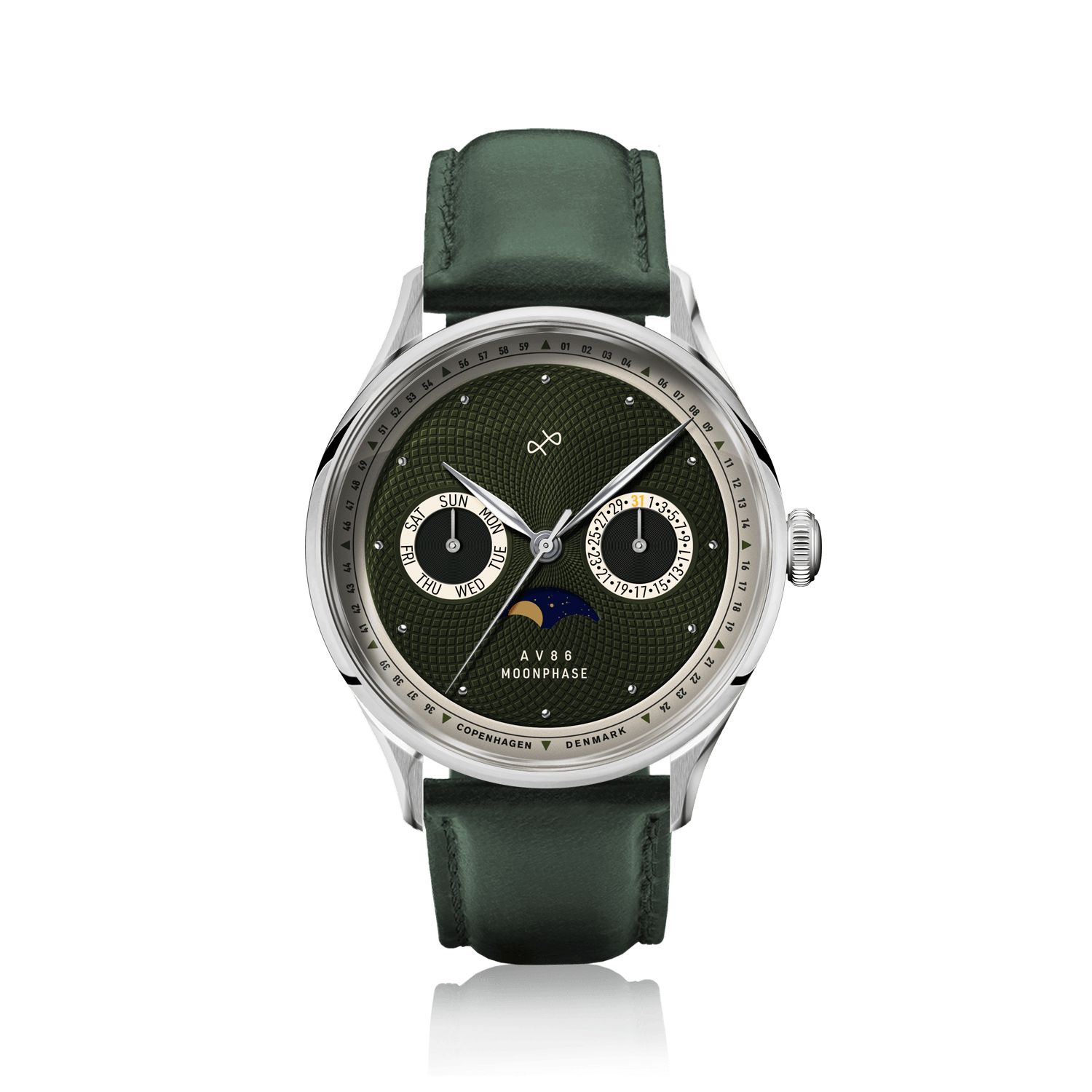 1968 Moonphase by AV86 luxury moonphase watch with sapphire crystal, textured dial, subdials, and green leather strap