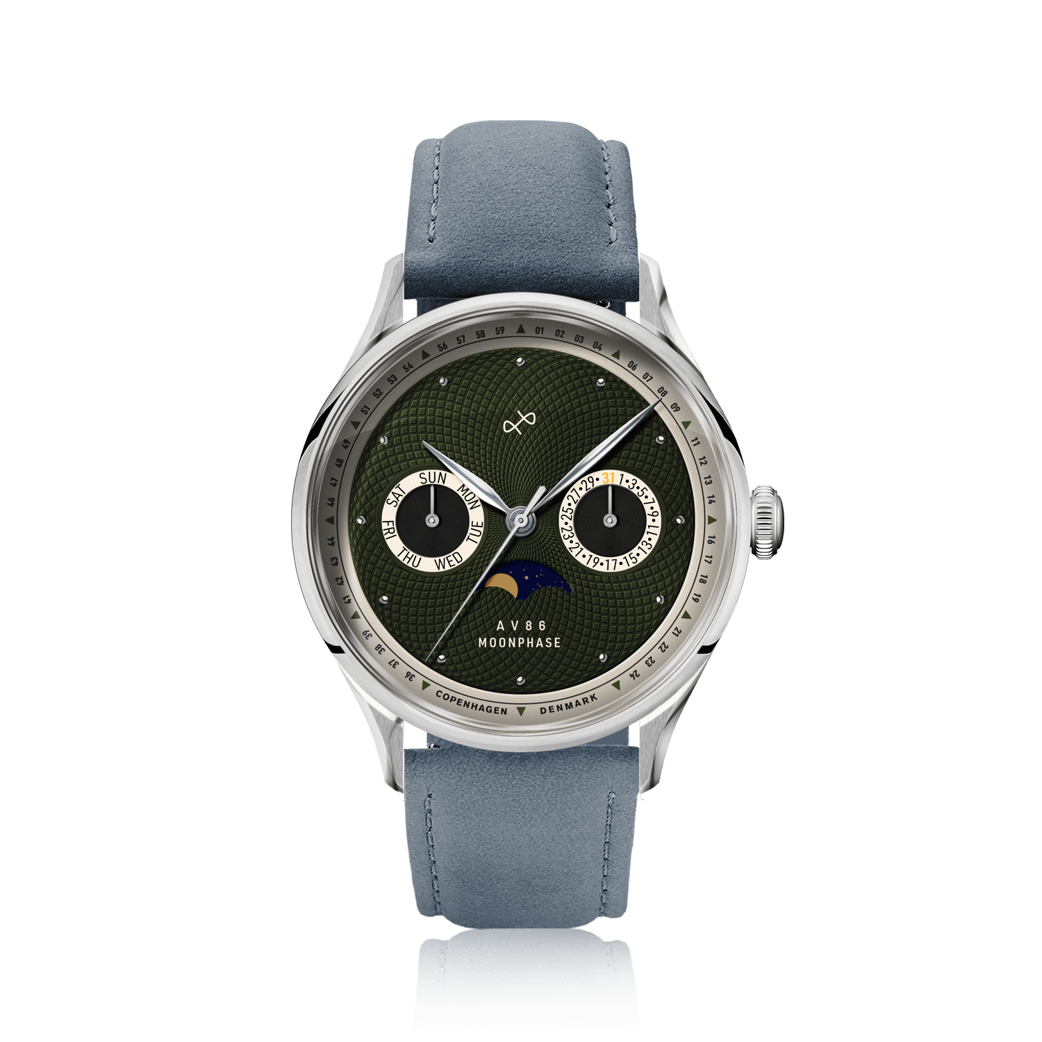 1968 Moonphase by AV86 luxury moonphase watch with sapphire crystal, textured dial, moonphase subdial, and leather strap