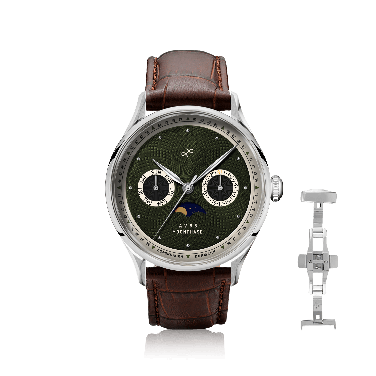 1968 Moonphase by AV86 luxury moonphase watch with sapphire crystal, vintage-inspired dial, and brown leather strap