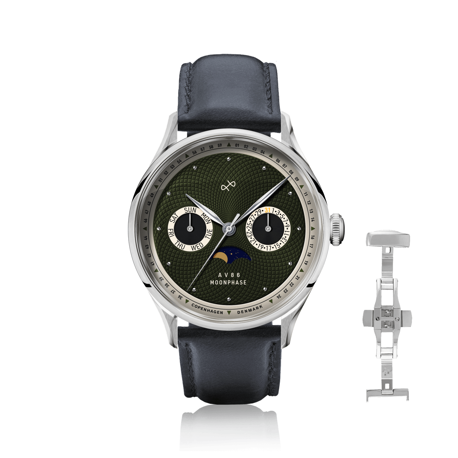 1968 Moonphase by AV86 luxury moonphase watch with sapphire crystal, textured dial, polished steel case, and black leather strap