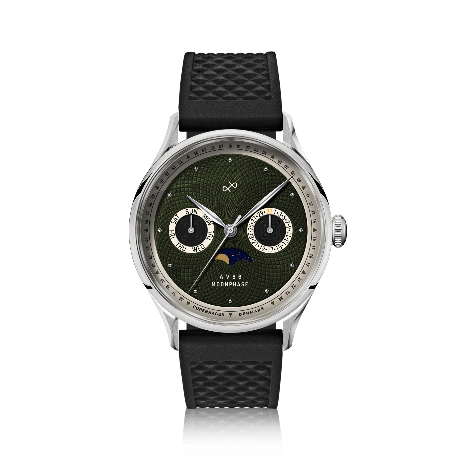 1968 Moonphase by AV86 vintage-inspired moonphase watch with sapphire crystal, textured black rubber strap, and detailed dial