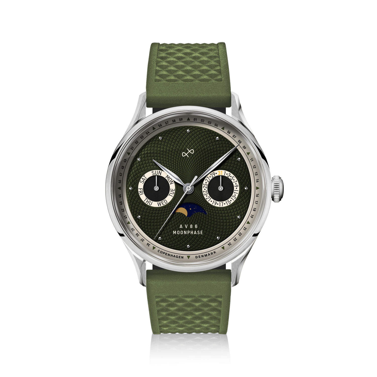 1968 Moonphase by AV86 luxury moonphase watch with textured dial, sapphire crystal, and green rubber strap in Danish design style