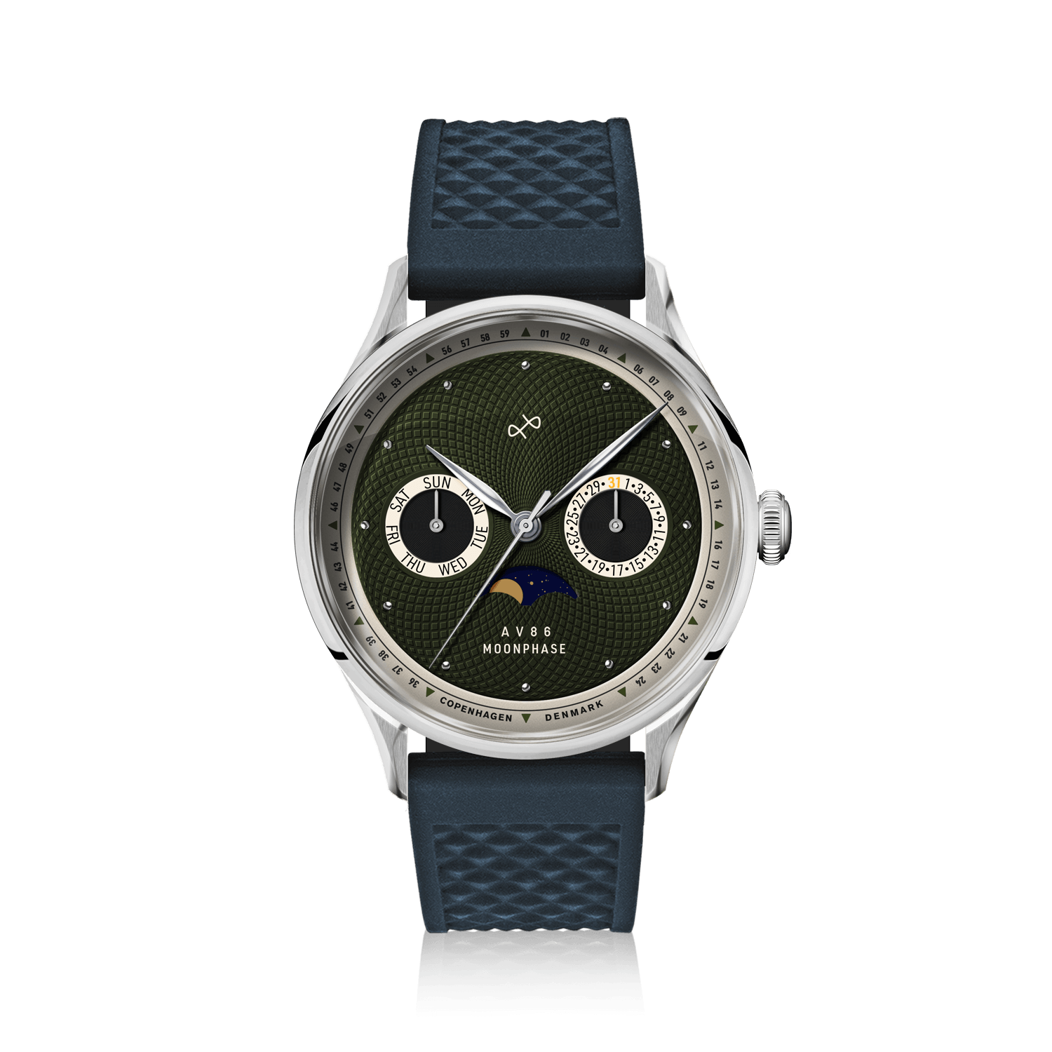 1968 Moonphase by AV86 luxury moonphase watch with sapphire crystal, textured dial, date and day subdials, and silicone strap