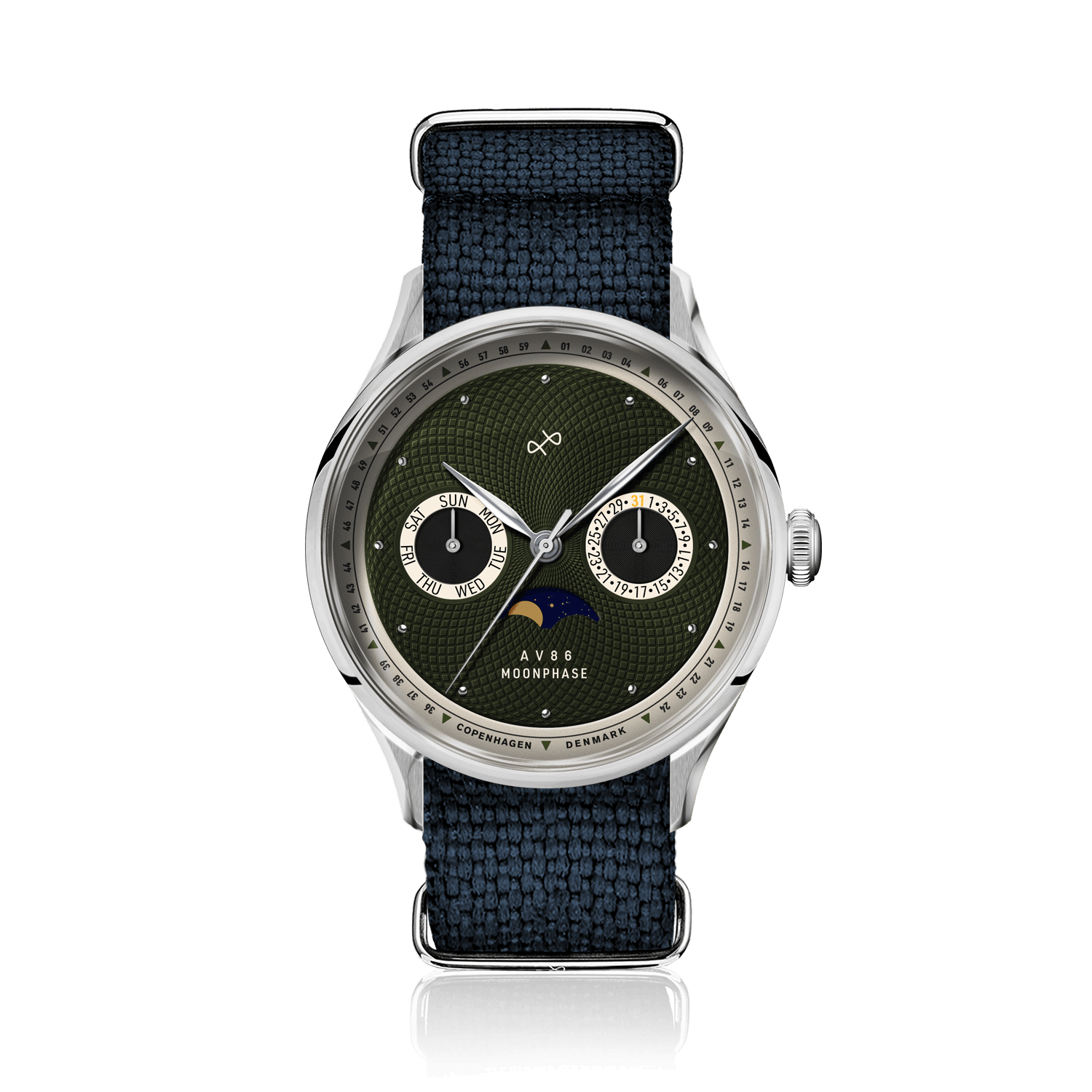 1968 Moonphase by AV86 with vintage-inspired dial, moonphase complication, sapphire crystal, and navy textured fabric strap