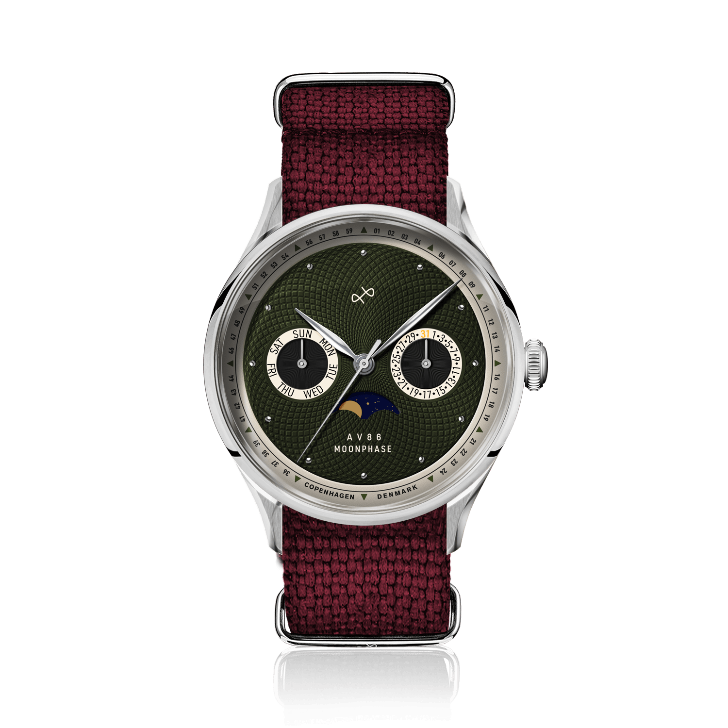 1968 Moonphase by AV86 with vintage-inspired dial, moonphase complication, sapphire crystal, and textured red fabric strap
