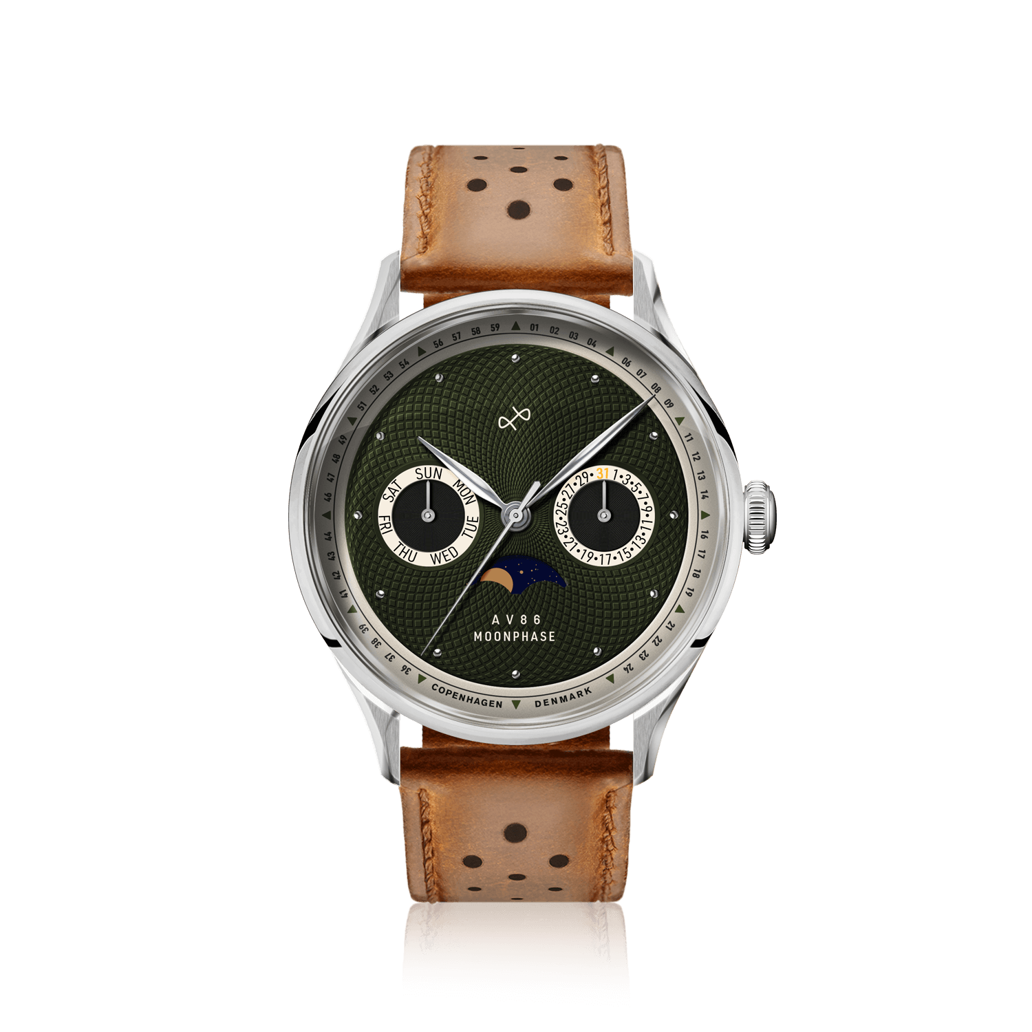 1968 Moonphase by AV86 vintage-inspired moonphase watch with sapphire crystal, textured dial, and perforated leather strap