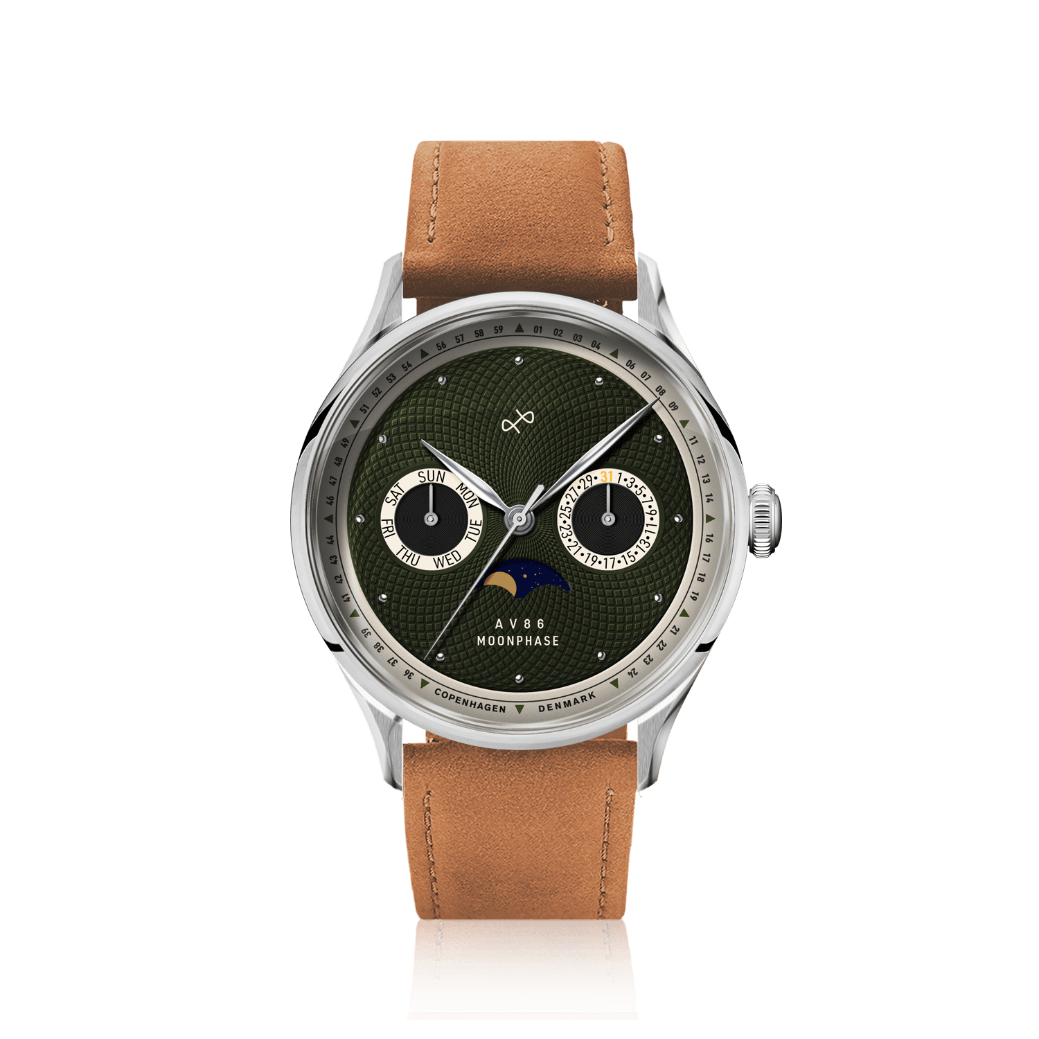 1968 Moonphase by AV86 luxury moonphase watch with sapphire crystal, vintage-inspired dial, and tan leather strap
