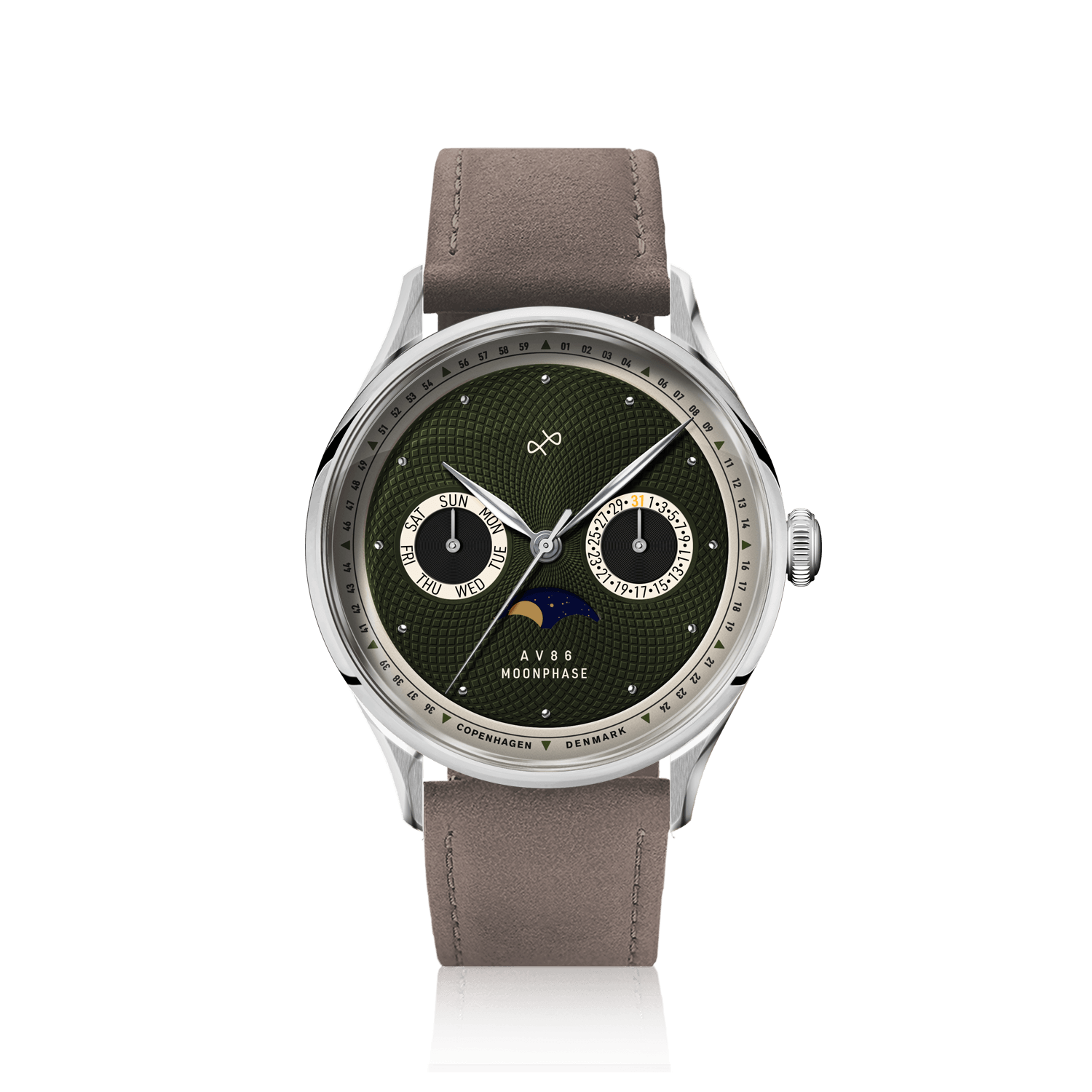 1968 Moonphase by AV86 luxury moonphase watch with sapphire crystal, calendar subdials, textured dial, and leather strap