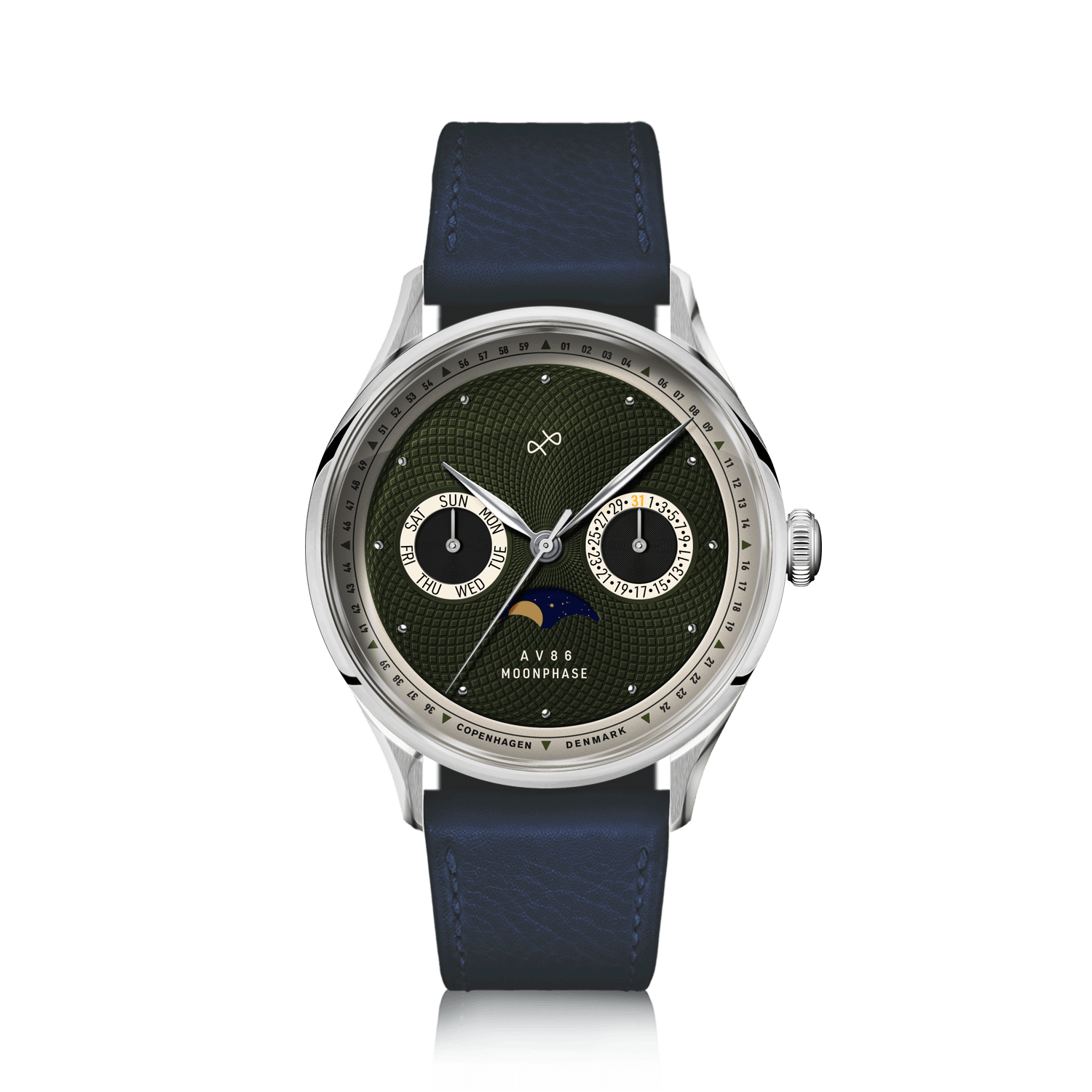 1968 Moonphase by AV86 with sapphire crystal, moonphase complication, vintage-inspired dial, and navy leather strap