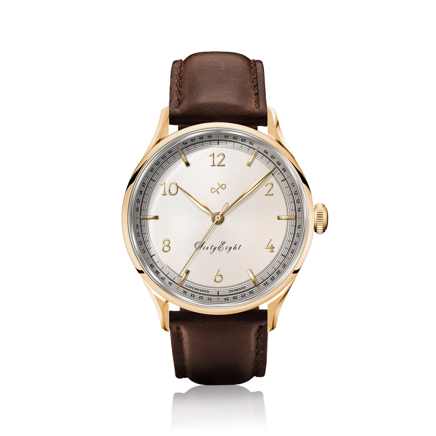1968 Sixtyeight by AV86 vintage-inspired dress watch with sapphire crystal, gold case, and brown leather strap