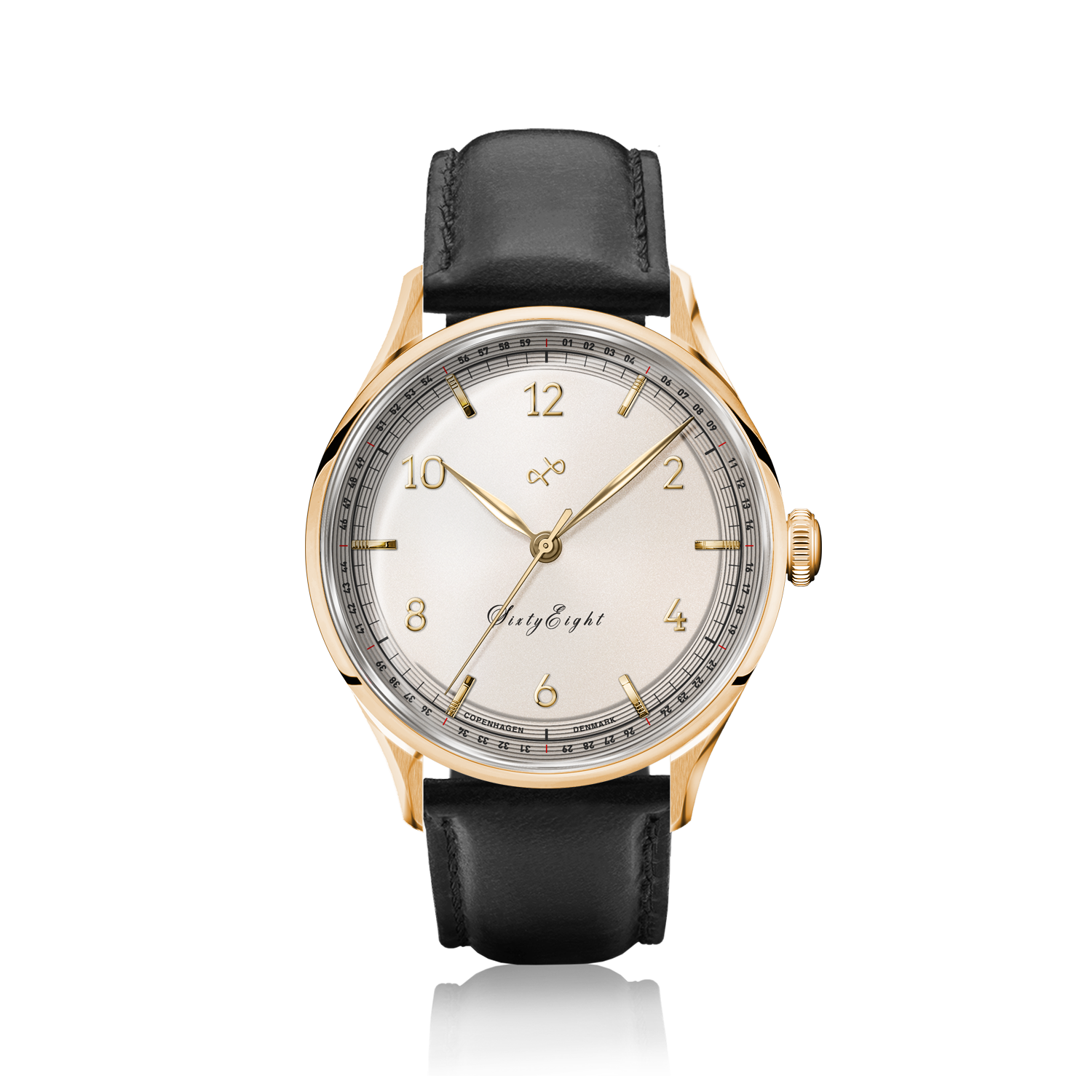 1968 Sixtyeight by AV86 vintage-inspired dress watch with gold case, sapphire crystal, and black leather strap