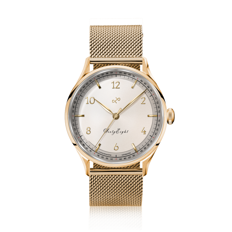 1968 Sixtyeight by AV86 vintage-inspired dress watch with sapphire crystal, gold case, mesh bracelet, and minimalist dial design