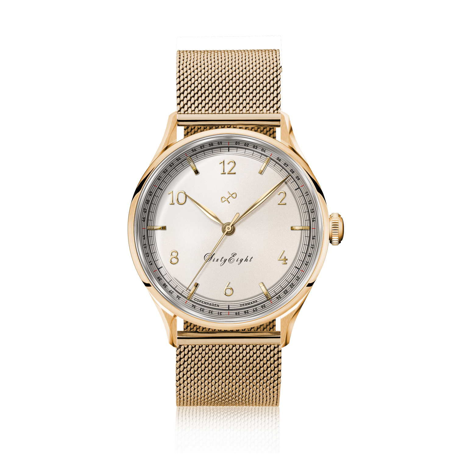 1968 Sixtyeight by AV86 vintage-inspired dress watch with sapphire crystal, gold case, mesh bracelet, and minimalist dial design