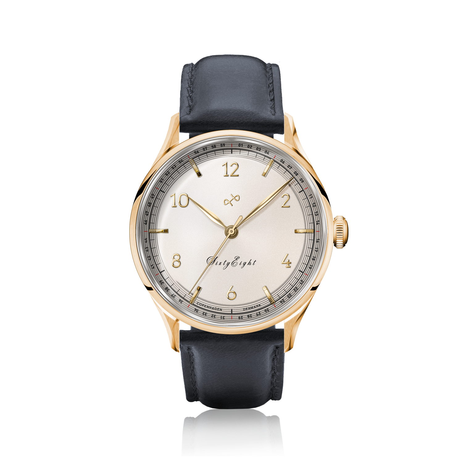 1968 Sixtyeight by AV86 vintage-inspired dress watch with sapphire crystal, elegant dial, gold case, and black leather strap