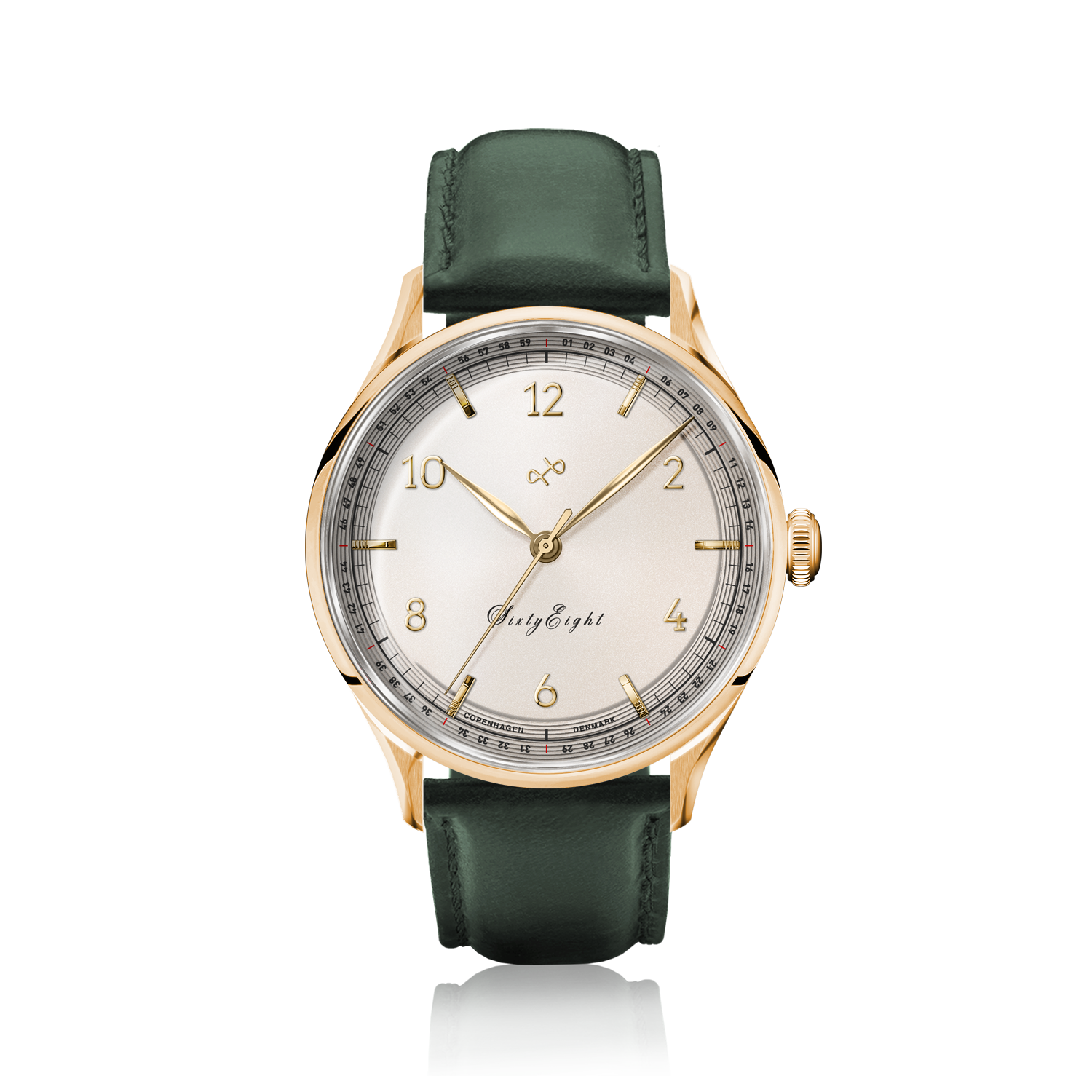 1968 Sixtyeight by AV86 vintage-inspired dress watch with sapphire crystal, minimalist dial, and green leather strap