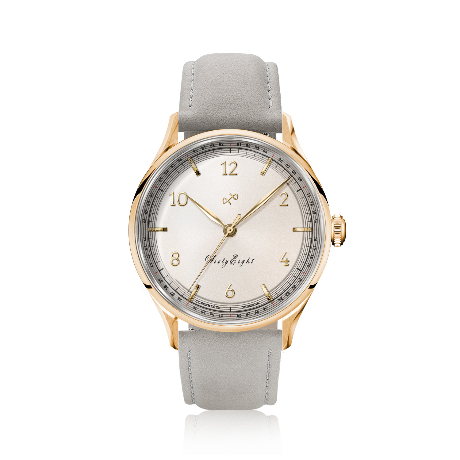 1968 Sixtyeight by AV86 vintage-inspired dress watch with sapphire crystal, gold-tone case, and grey leather strap