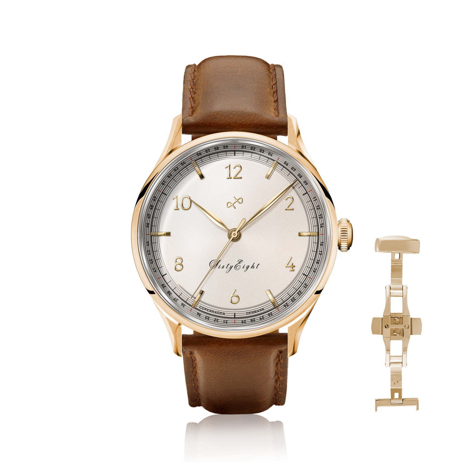 1968 Sixtyeight by AV86 vintage-inspired dress watch with delicate dial, sapphire crystal, gold case, and brown leather strap