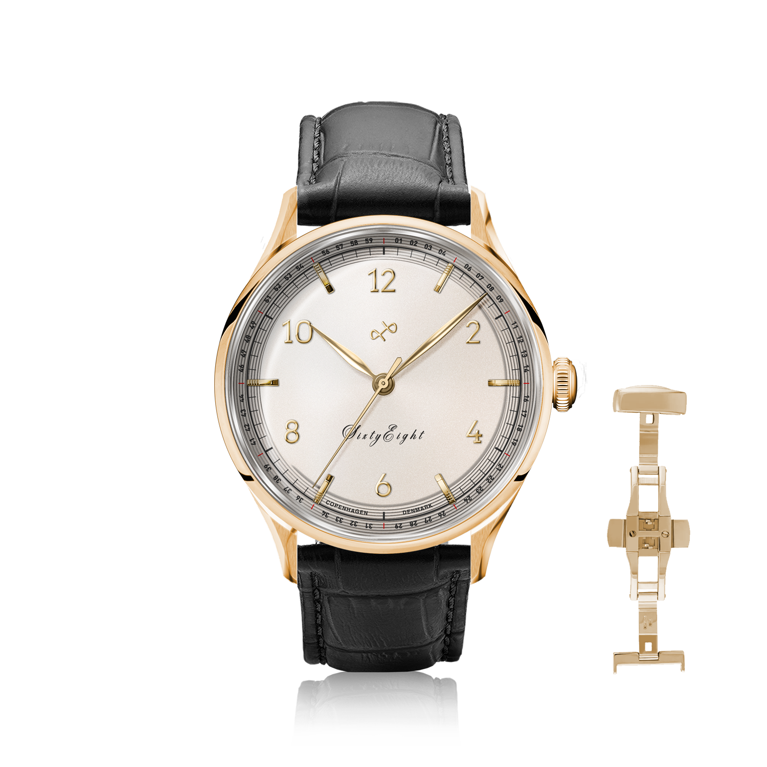 1968 Sixtyeight by AV86 vintage-inspired dress watch with sapphire crystal, gold case, minimalist dial, and black leather strap
