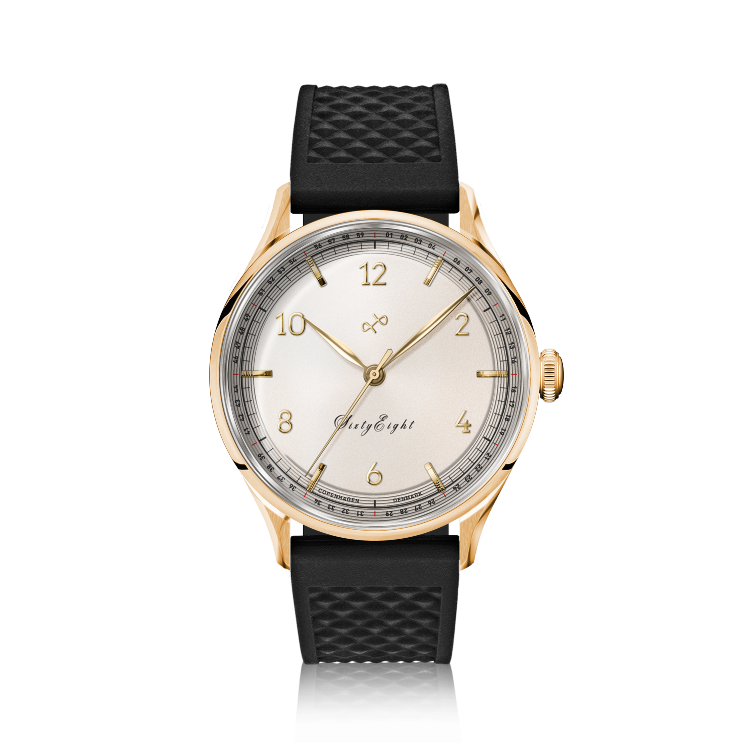 1968 Sixtyeight by AV86 vintage-inspired dress watch with gold case, sapphire crystal, and textured black rubber strap