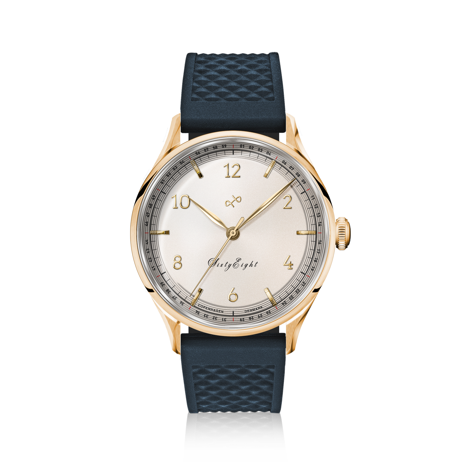 1968 Sixtyeight by AV86 vintage-inspired dress watch with sapphire crystal, gold case, subtle dial, and textured rubber strap