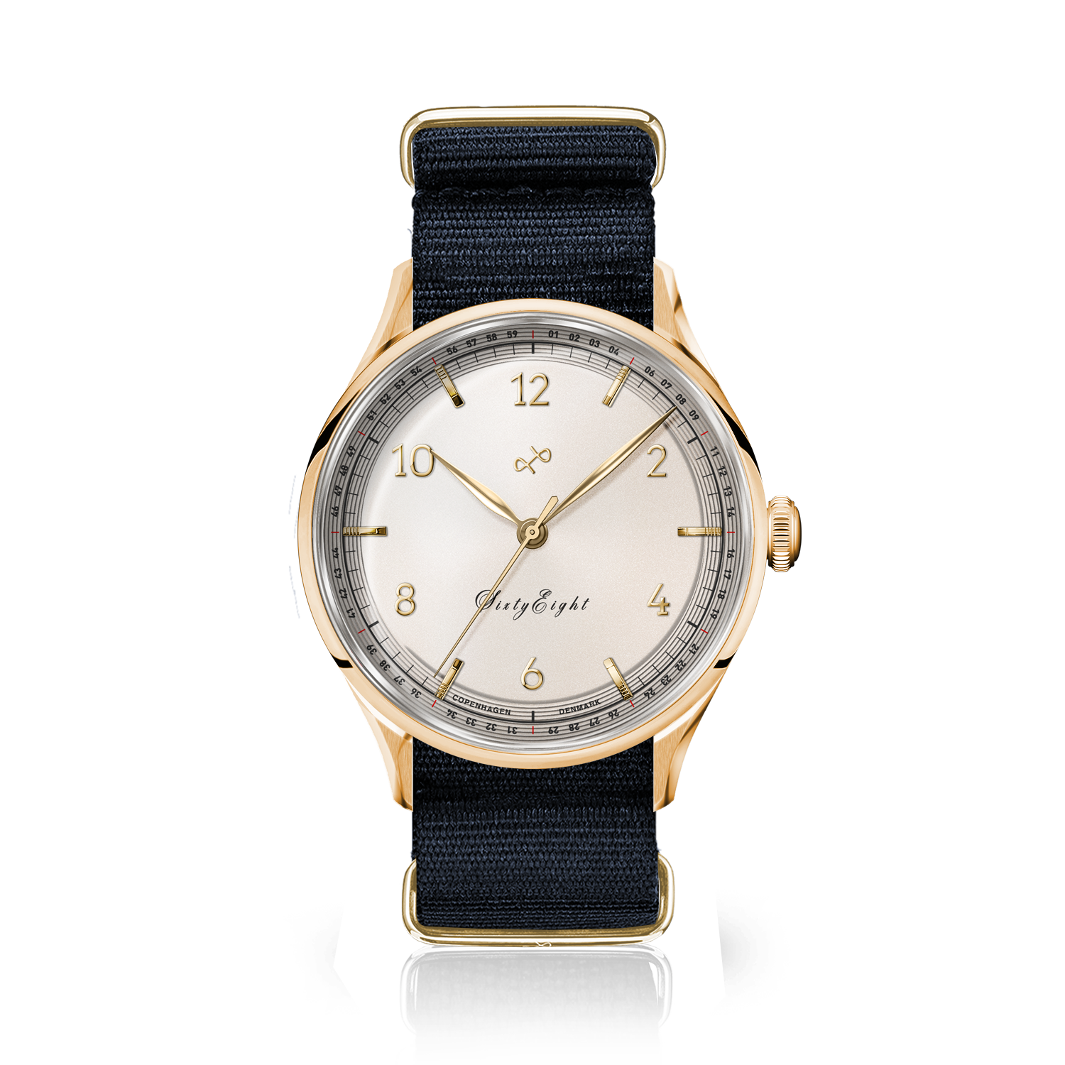 1968 Sixtyeight by AV86 vintage-inspired dress watch with sapphire crystal, gold case, and black fabric NATO strap