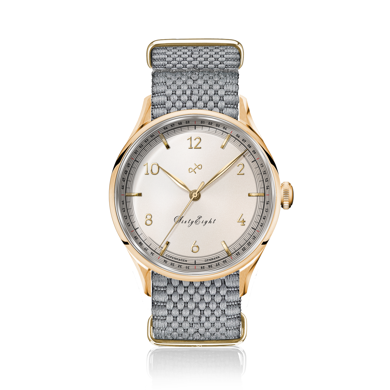 1968 Sixtyeight by AV86 vintage-inspired dress watch with sapphire crystal, gold case, minimalist dial, and textured fabric strap
