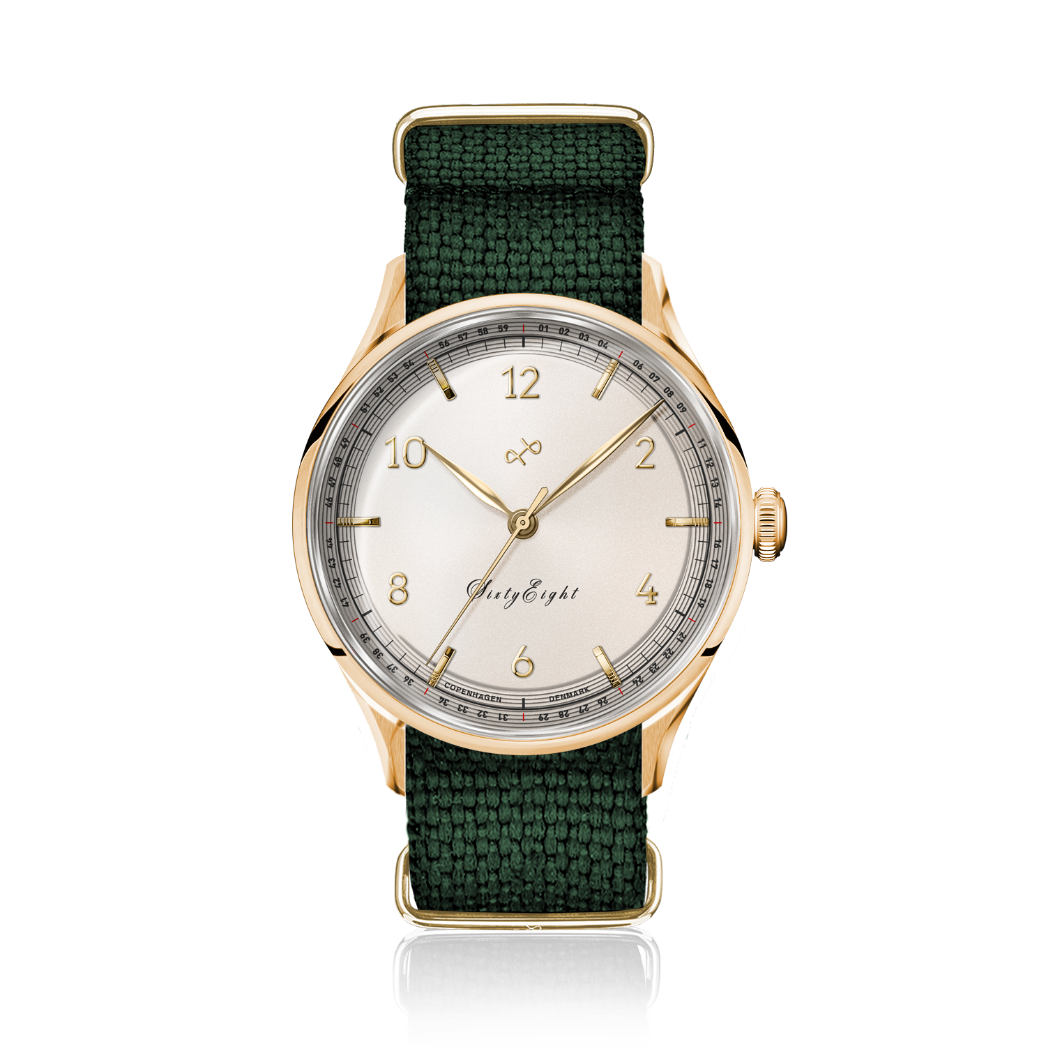 1968 Sixtyeight by AV86 vintage-inspired dress watch with gold case, sapphire crystal, and green woven fabric strap