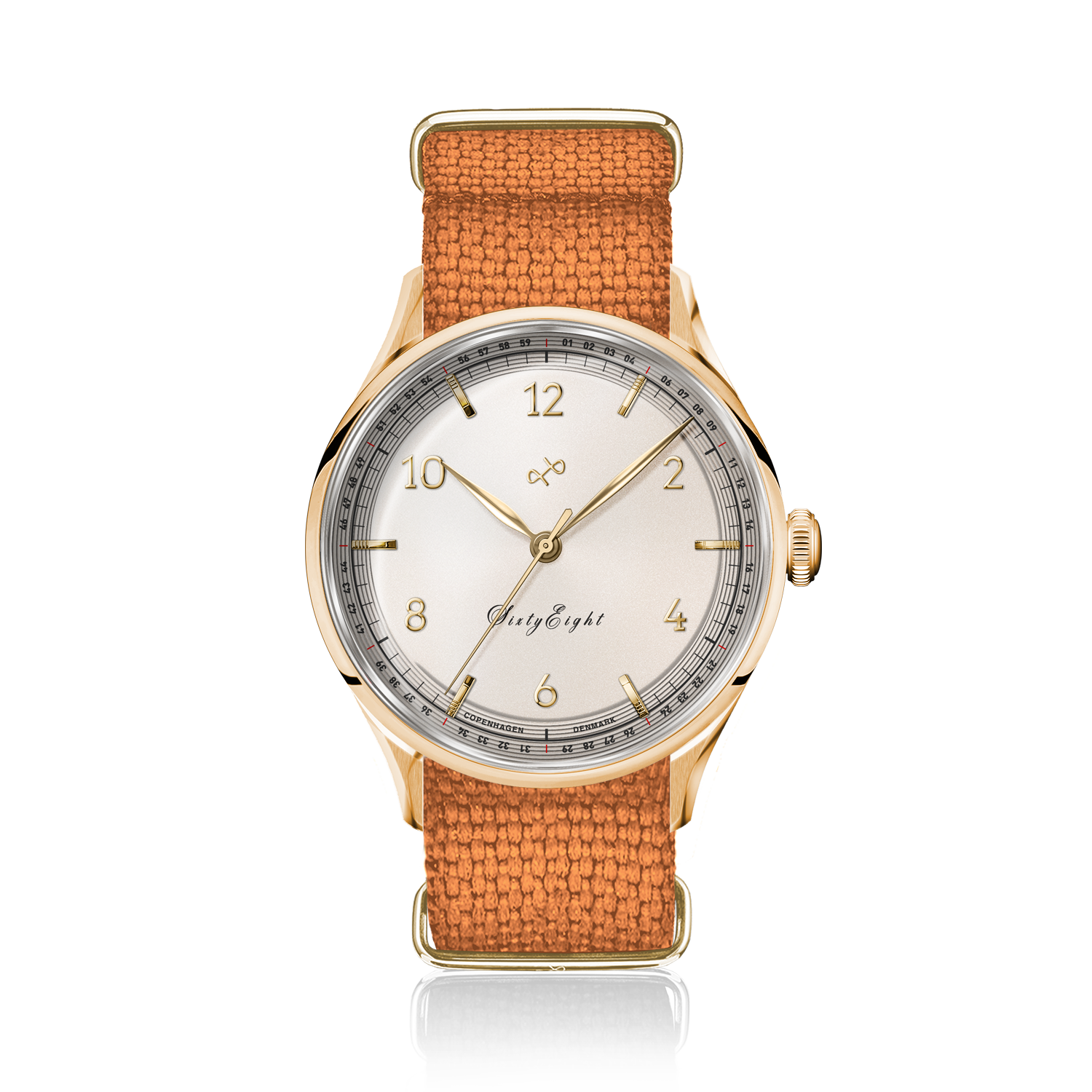 1968 Sixtyeight by AV86 vintage-inspired dress watch with sapphire crystal, gold case, and textured fabric strap