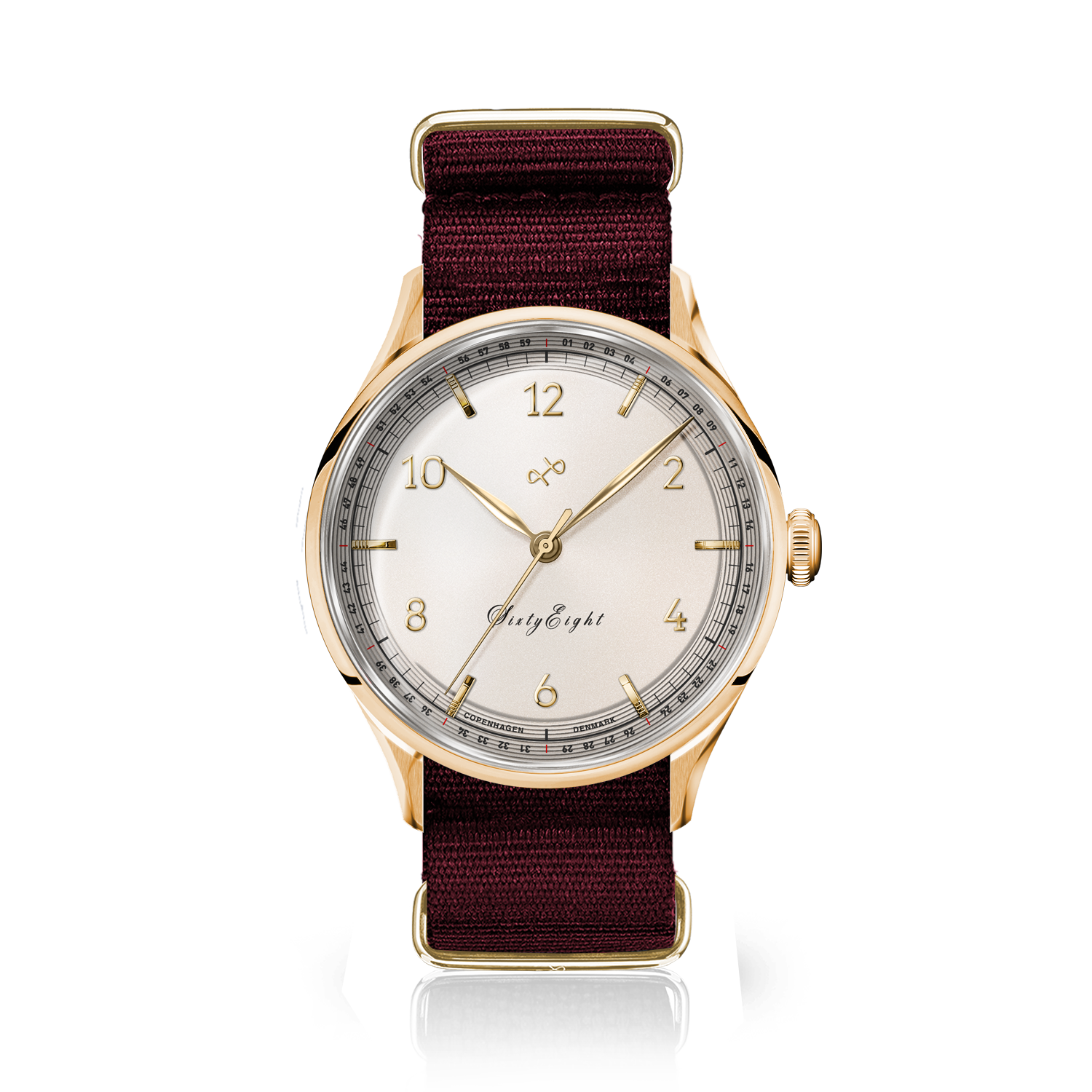 1968 Sixtyeight by AV86 vintage-inspired dress watch with sapphire crystal, gold case, white dial, and burgundy fabric strap