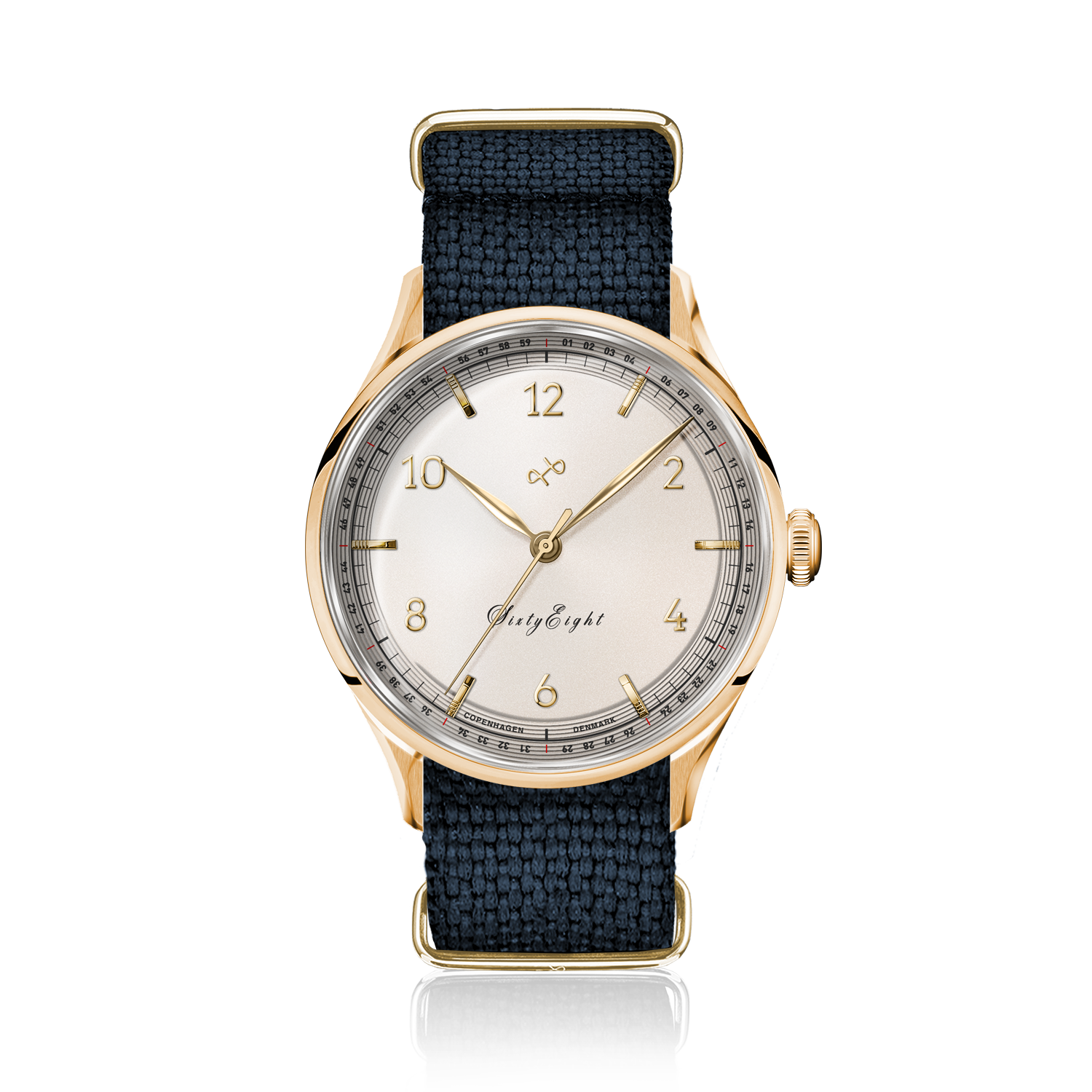 1968 Sixtyeight by AV86 vintage-inspired dress watch with sapphire crystal, gold case, and woven textile strap