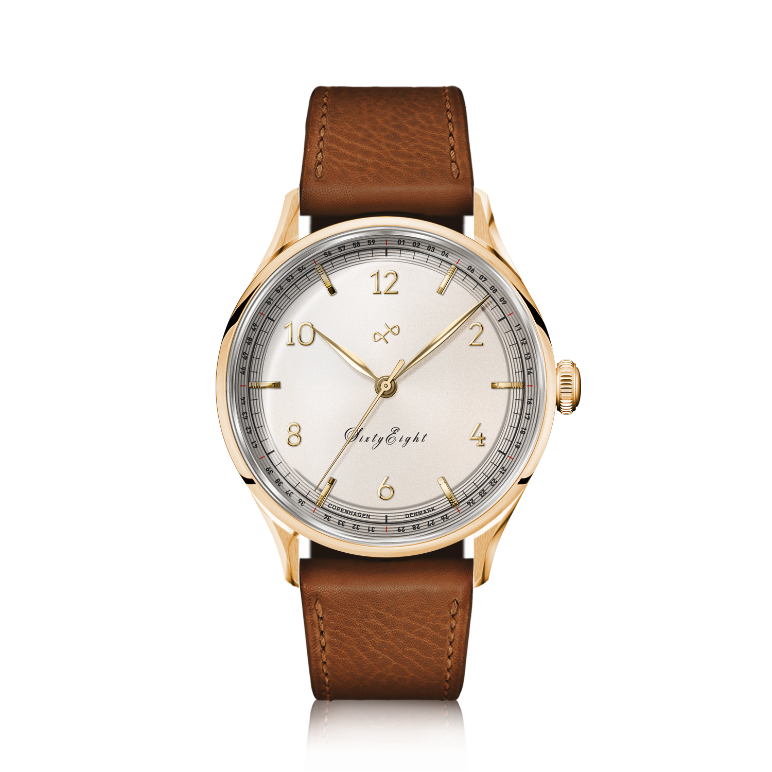 1968 Sixtyeight by AV86 vintage-inspired dress watch with gold case, sapphire crystal, subtle dial, and brown leather strap