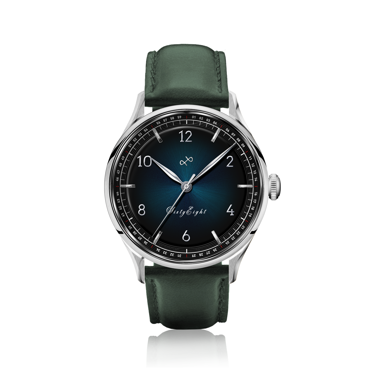 1968 Sixtyeight by AV86 vintage-inspired dress watch with sapphire crystal, blue sunray dial, and green leather strap