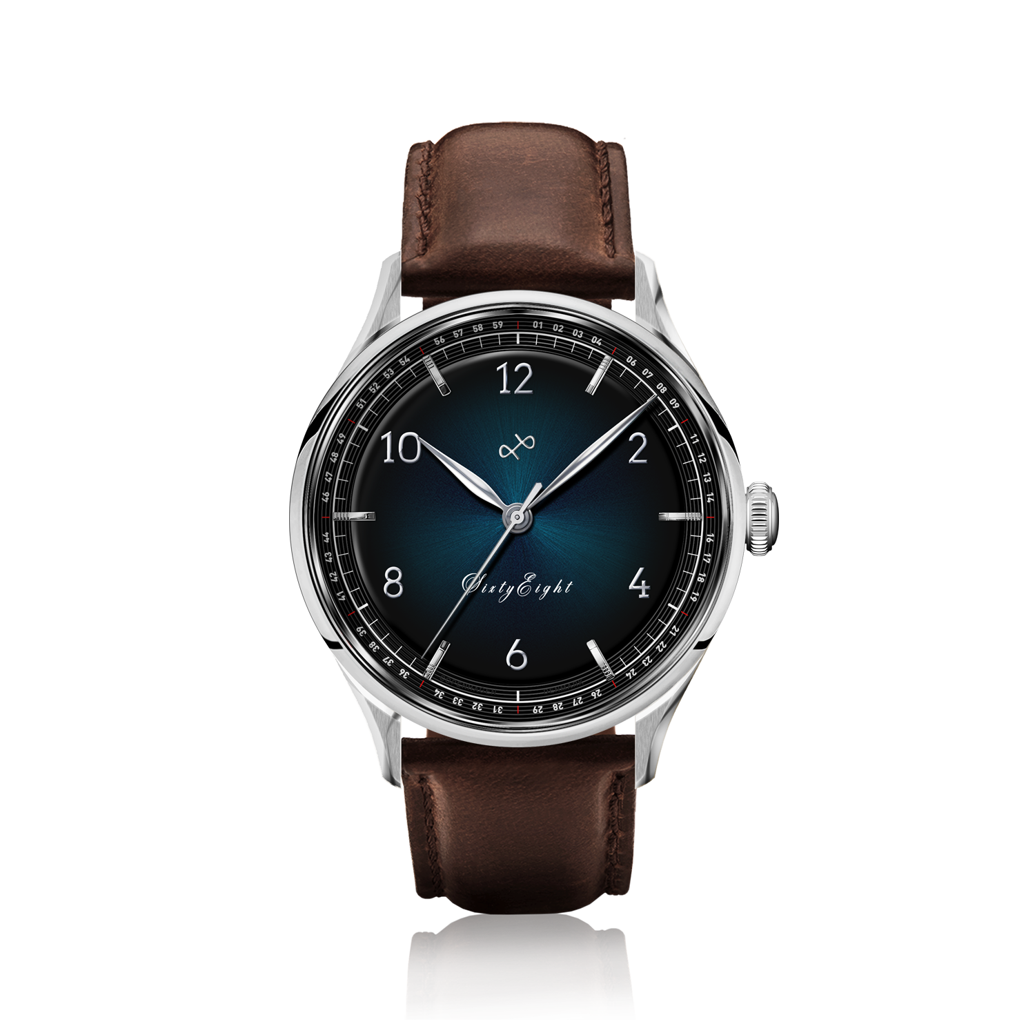 1968 Sixtyeight by AV86 vintage-inspired dress watch with sapphire crystal, blue sunray dial, and brown leather strap
