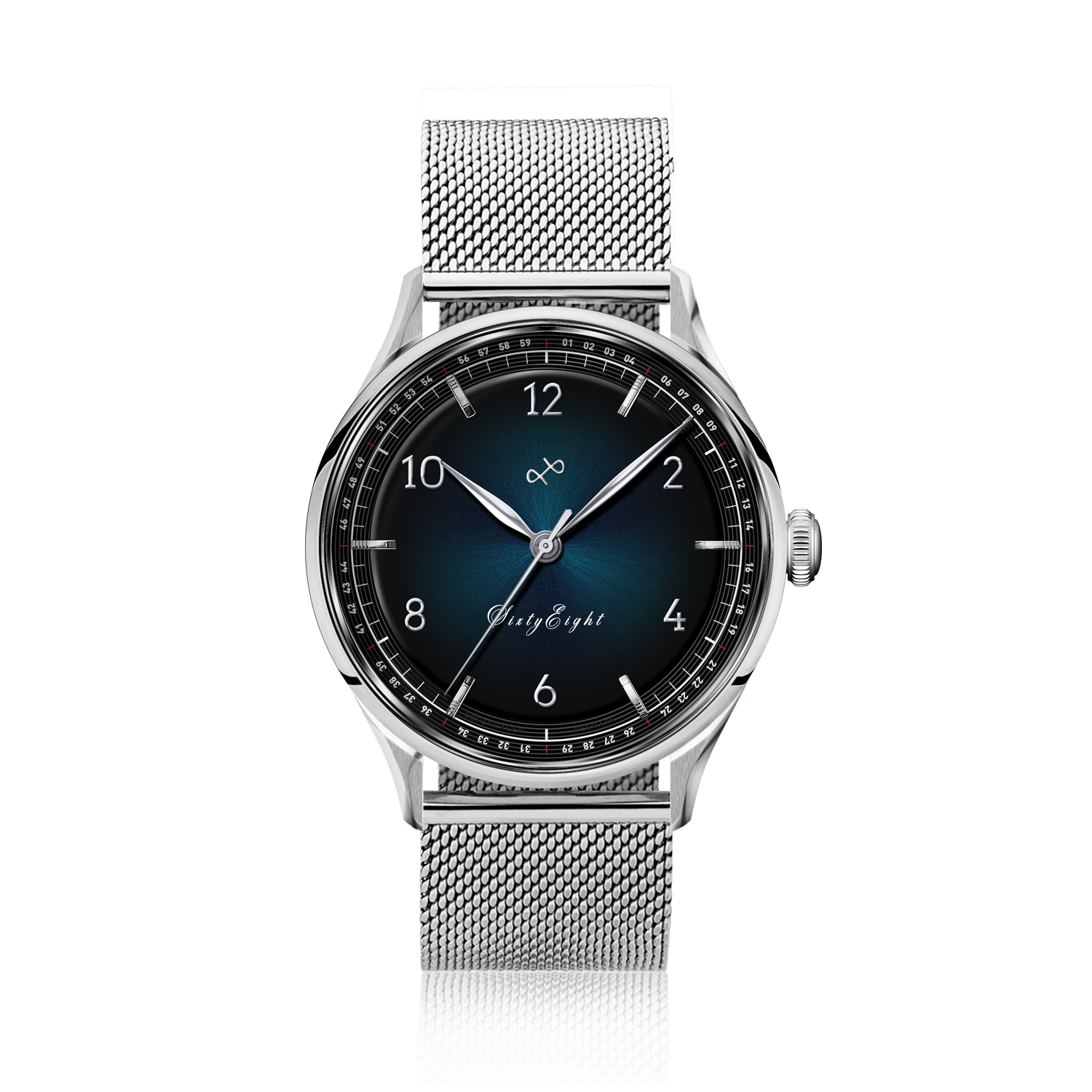 1968 Sixtyeight by AV86 vintage-inspired dress watch with sapphire crystal, textured dial, and steel mesh bracelet strap