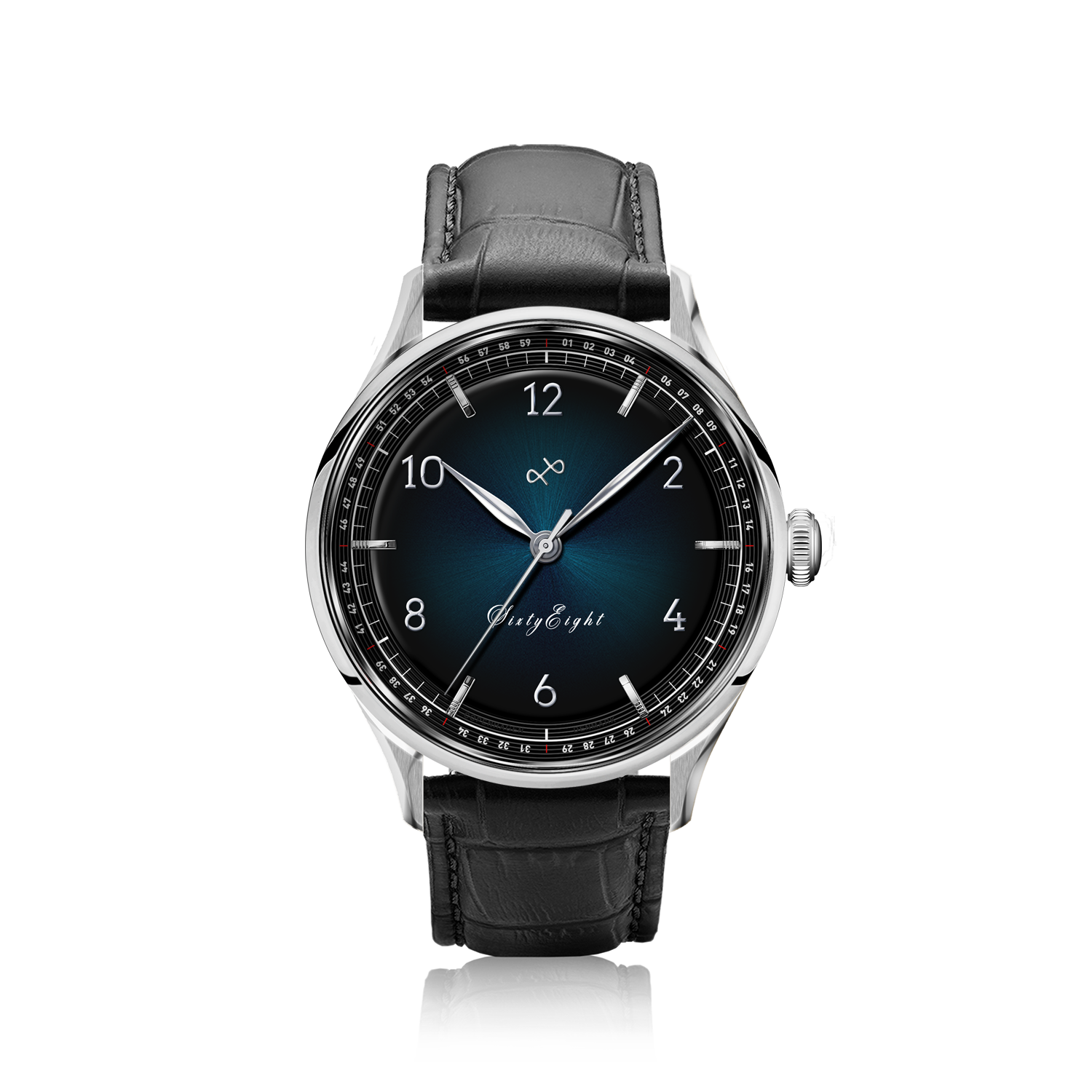 1968 Sixtyeight by AV86 vintage-inspired dress watch with sapphire crystal, blue sunray dial, and black leather strap