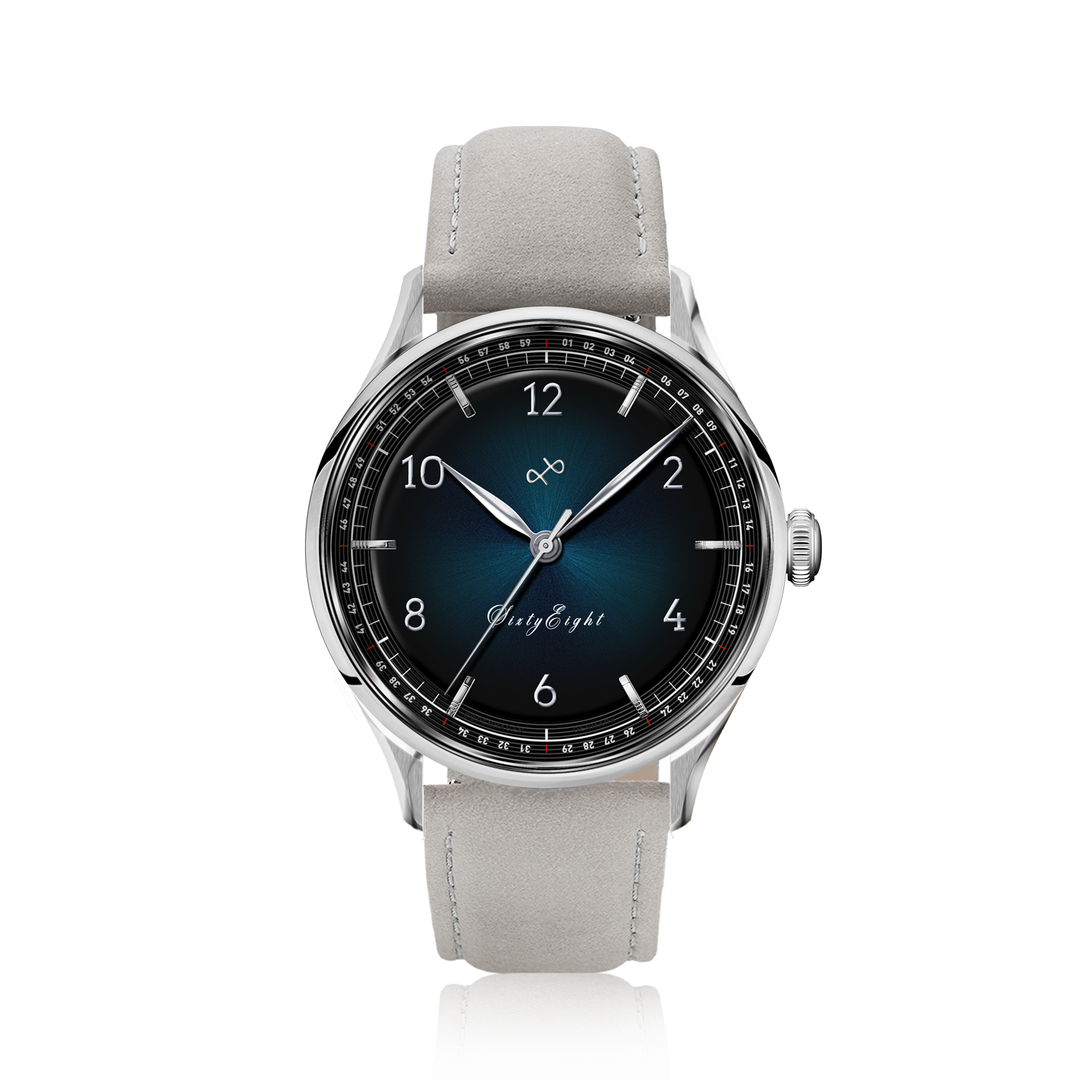1968 Sixtyeight by AV86 vintage-inspired dress watch with blue sunray dial, sapphire crystal, and light leather strap