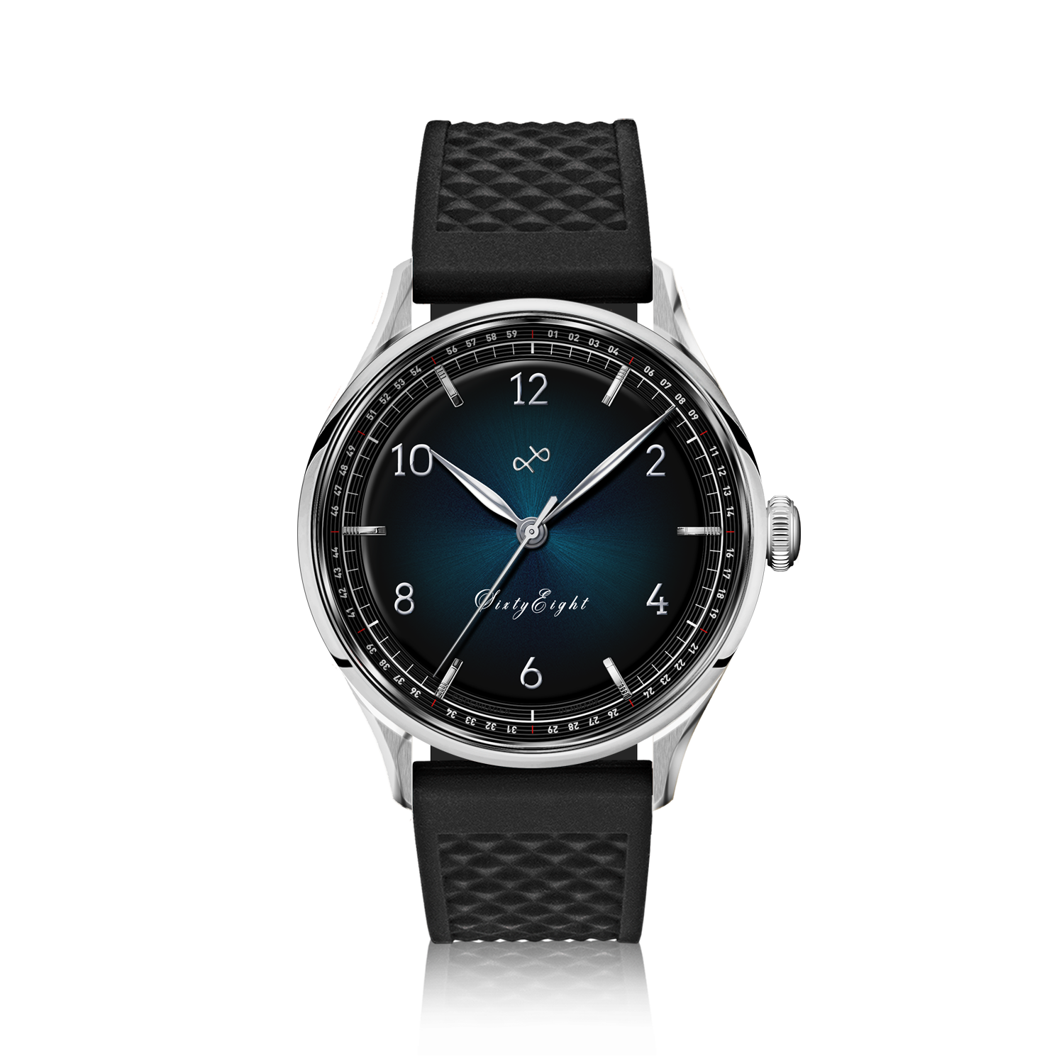 1968 Sixtyeight by AV86 vintage-inspired dress watch with sapphire crystal, blue sunray dial, and black textured rubber strap