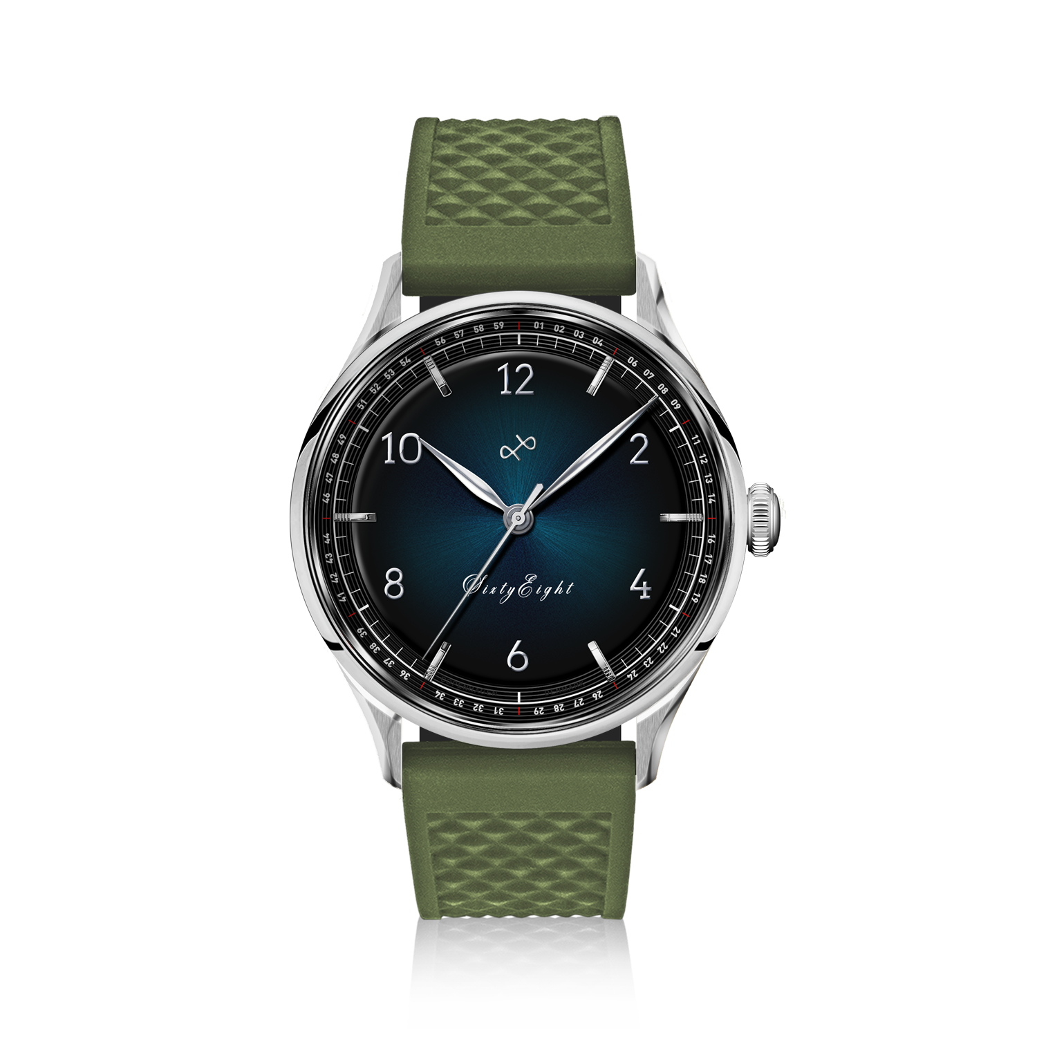 1968 Sixtyeight by AV86 vintage-inspired dress watch with sapphire crystal, textured rubber strap, and detailed sunray dial