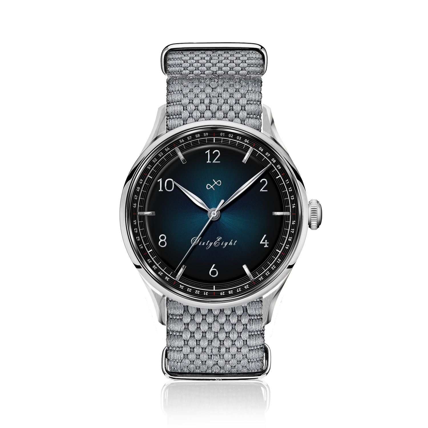 1968 Sixtyeight by AV86 vintage-inspired dress watch with sapphire crystal, sunray dial, and textured grey fabric strap