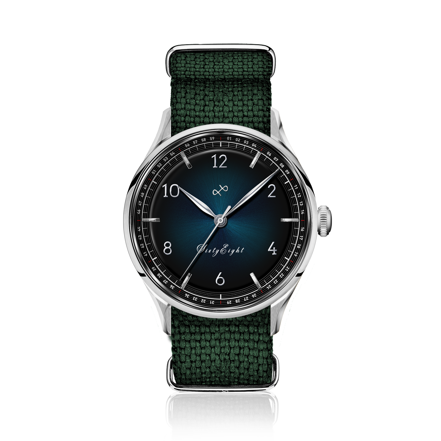 1968 Sixtyeight by AV86 vintage-inspired dress watch with sapphire crystal, blue sunray dial, and textured fabric strap